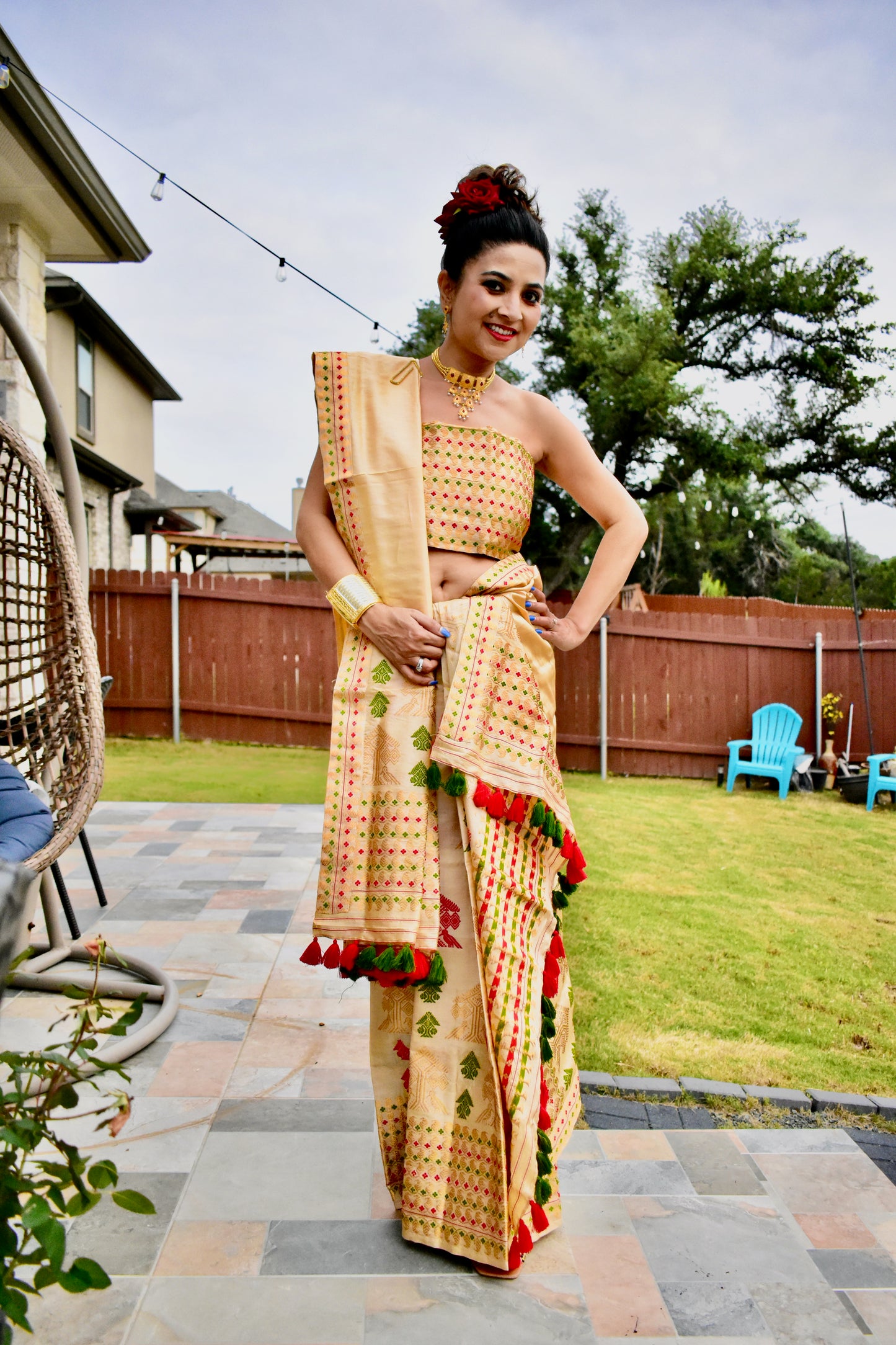 Handmade Assam Tussar(TUSH) Silk Mekhela Sador with gold,Red and Green Motif