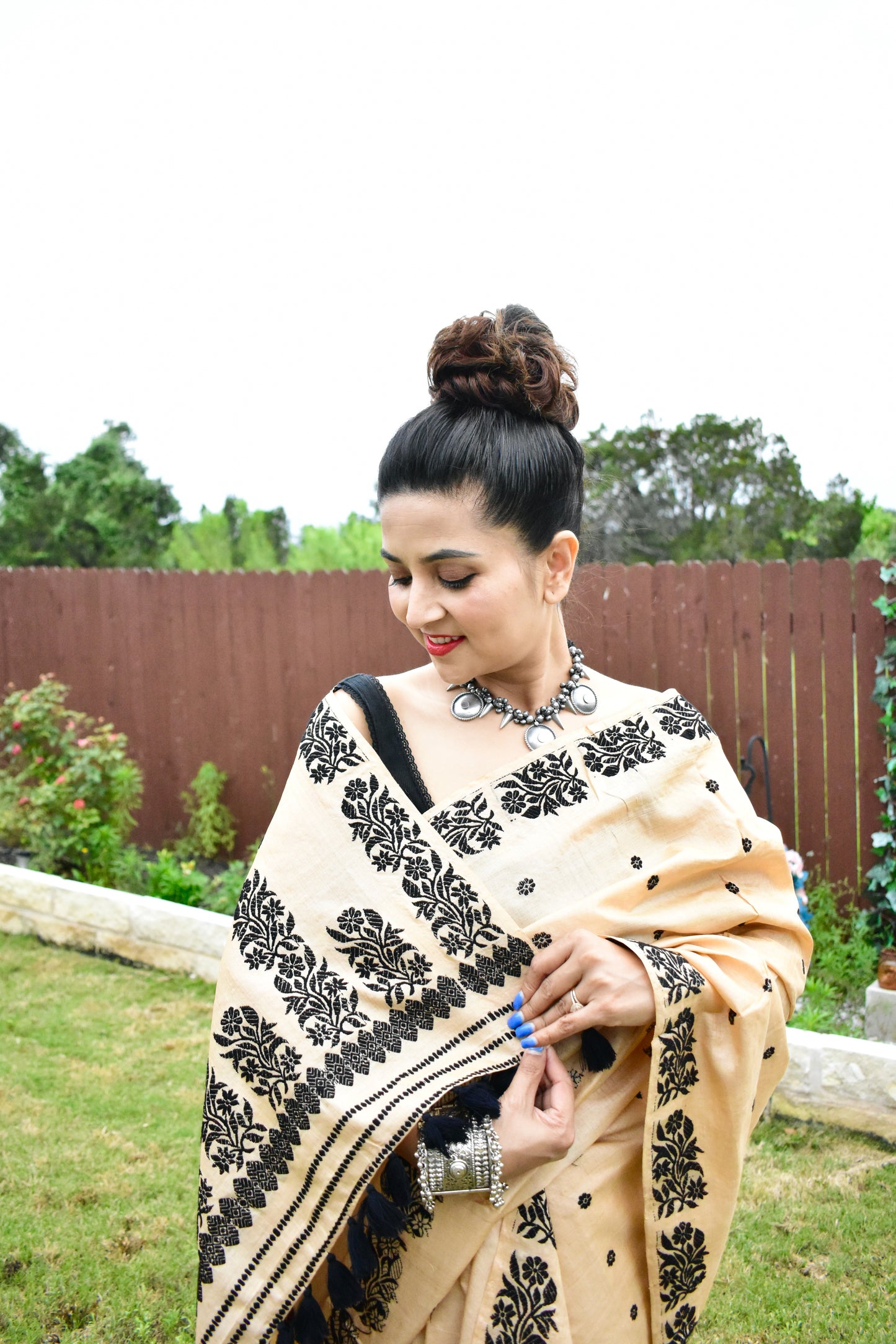 Handmade Assam Tussar(Tush)Silk Mekhela Sador With Black Floral Motif