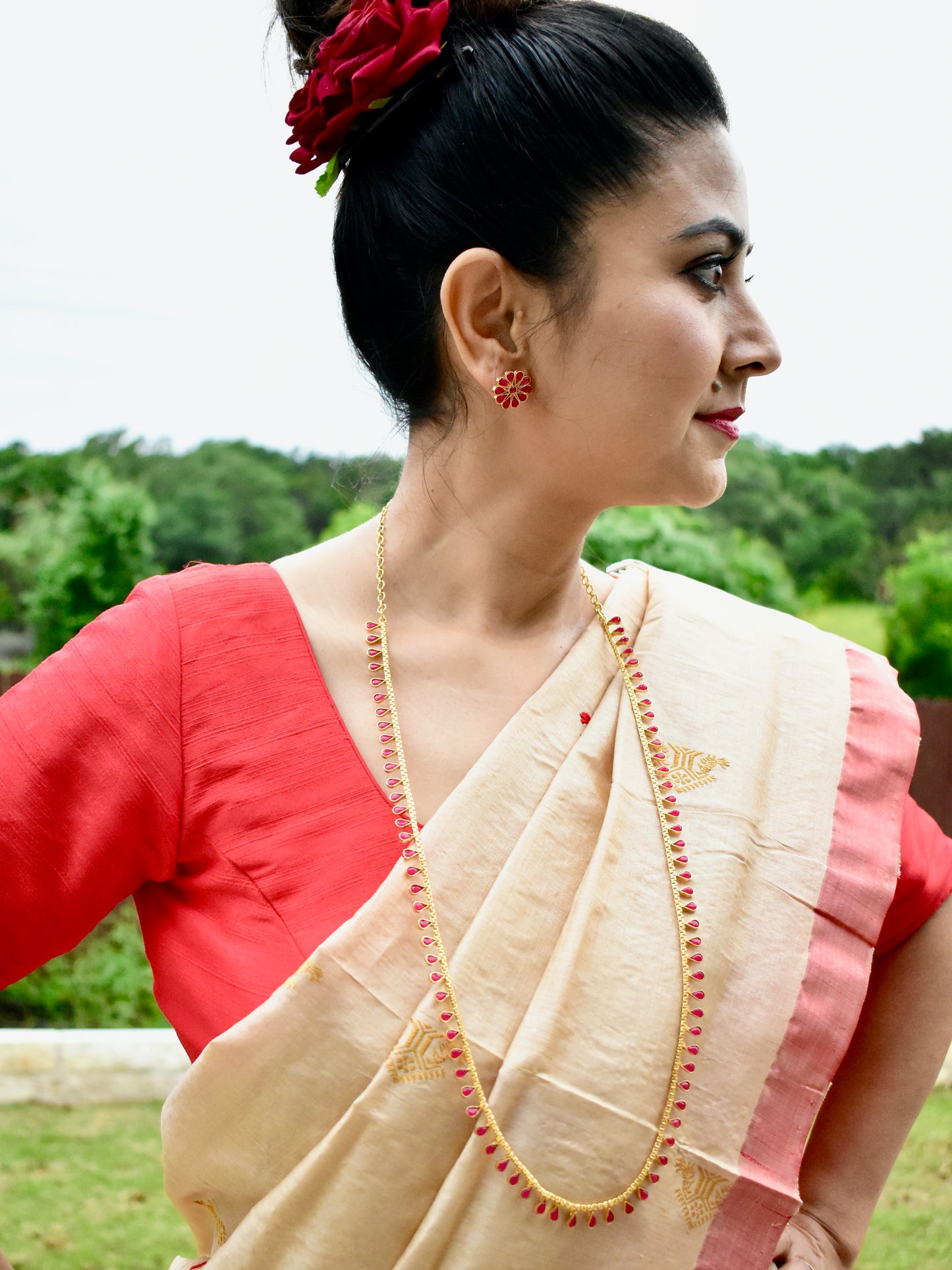 Handmade Assam Tussar(TUSH)Silk Riha Mekhela Sador with red and Gold Motif