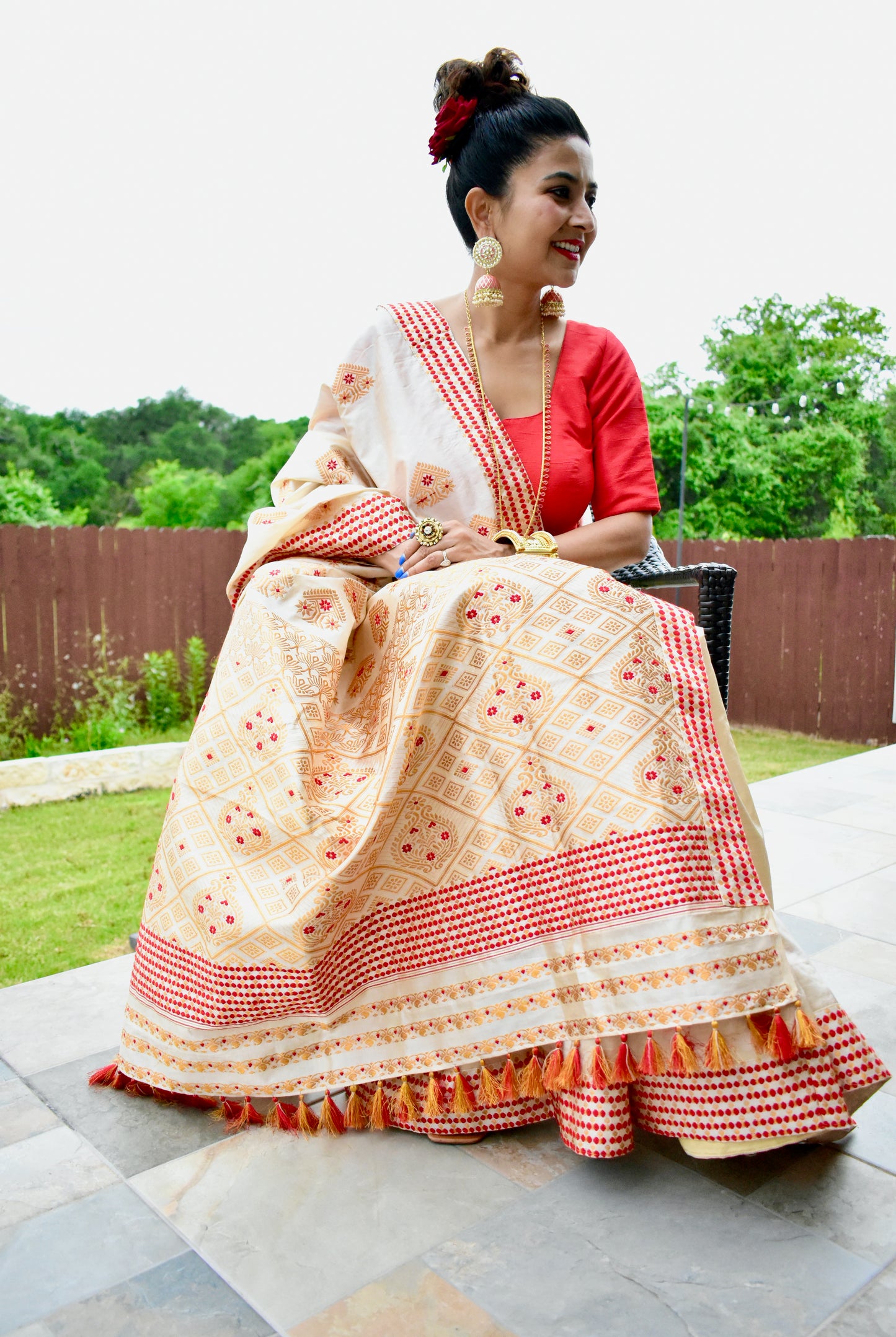 Handmade Combination of Assam Tussar (weft )& Assam Silk (warp) Saree with Red and Gold Motif