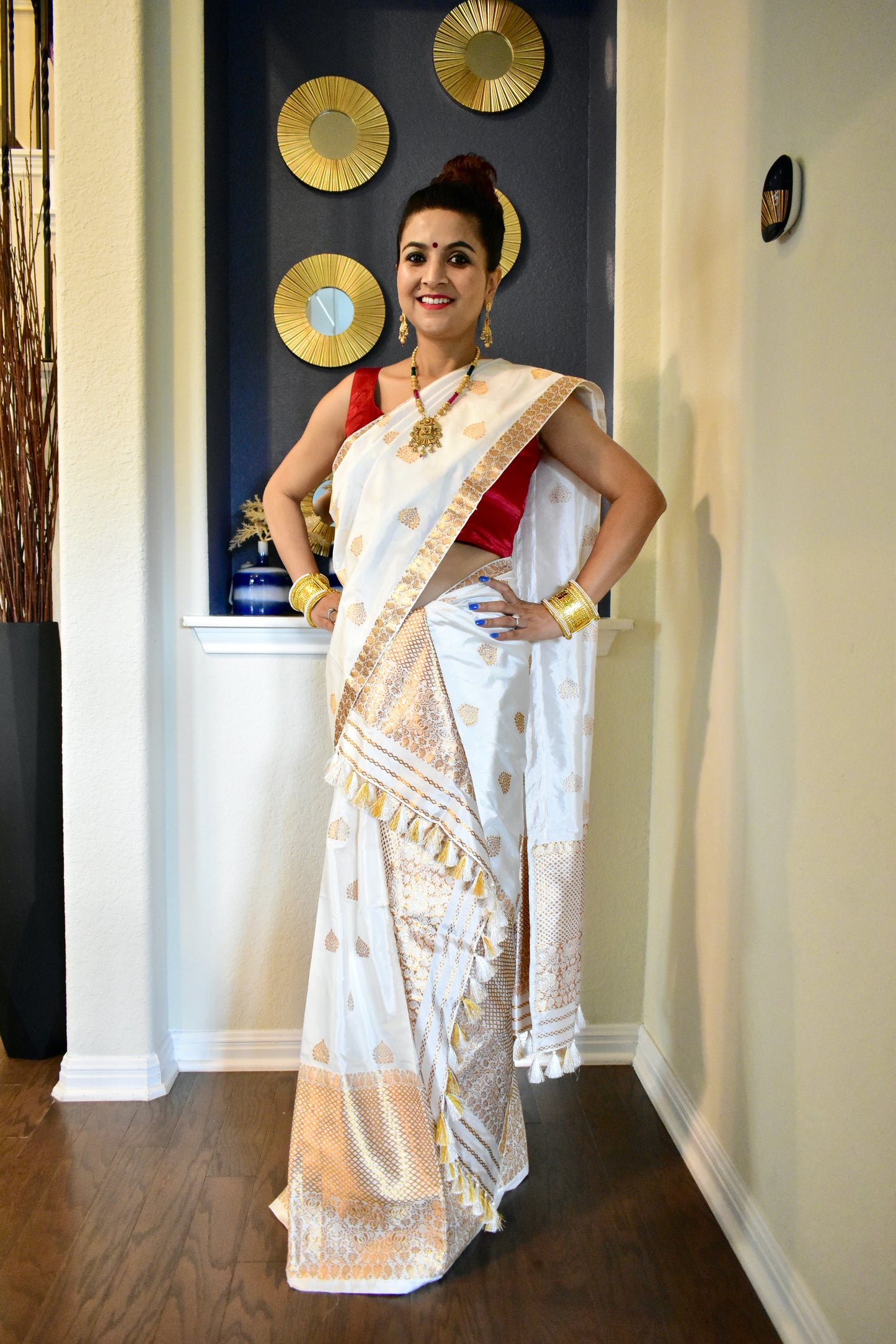 Handmade Assam Silk(Paat) White Mekhela Sador with Golden Motifs