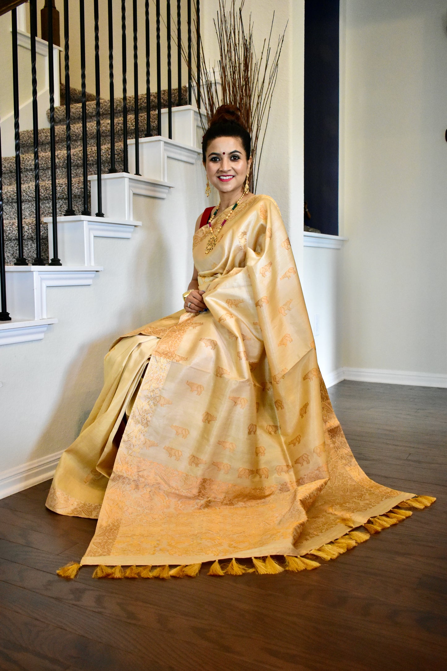 Handmade Assam Tussar Silk Saree with Kaziranga work