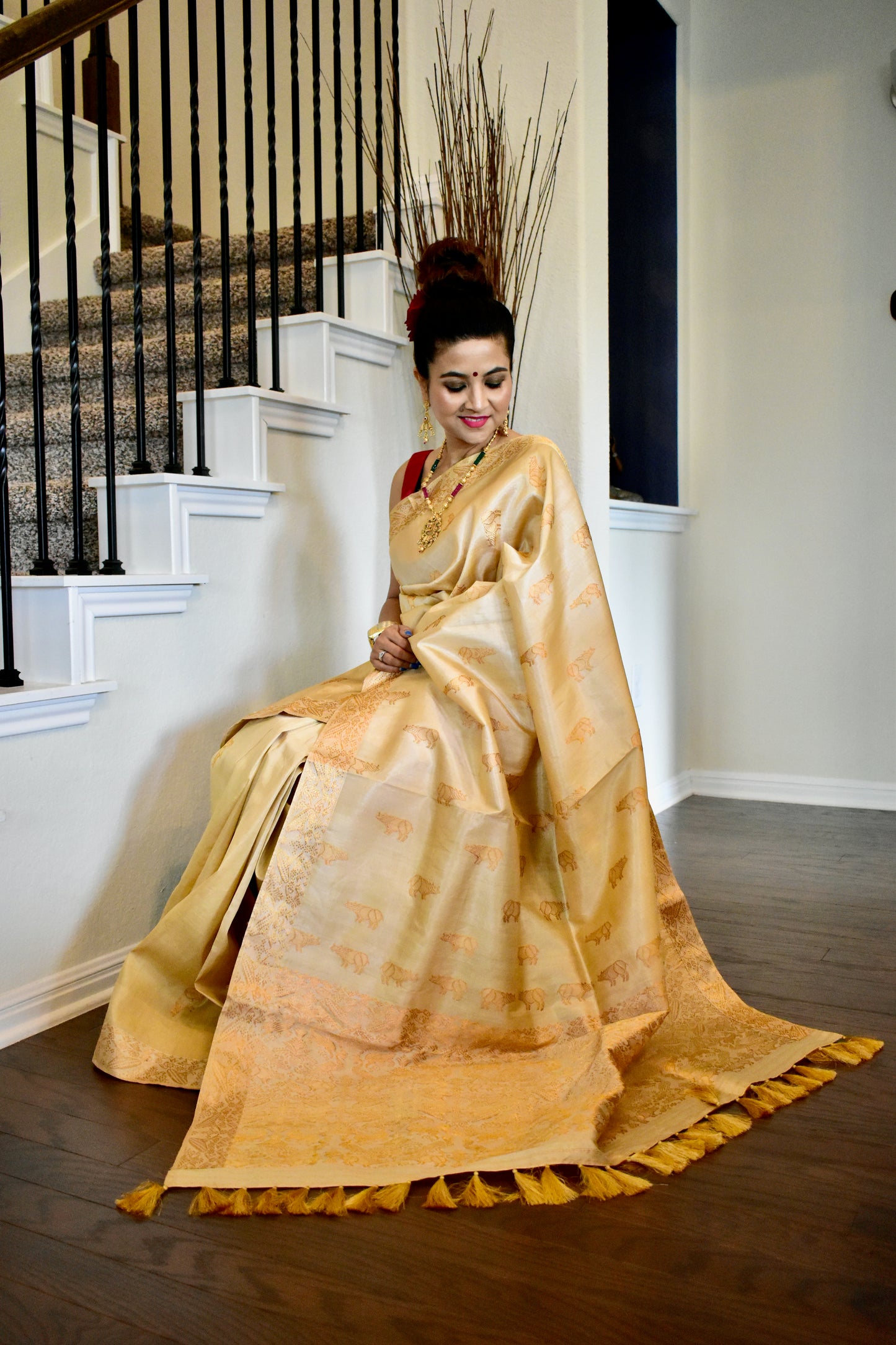 Handmade Assam Tussar Silk Saree with Kaziranga work