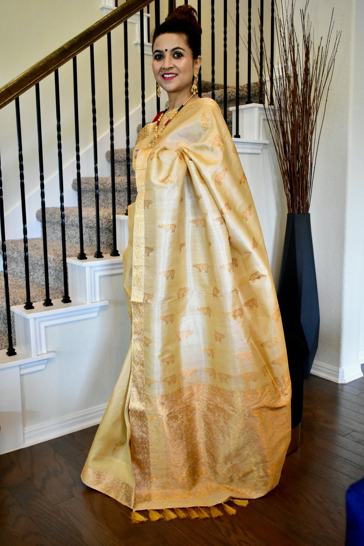 Handmade Assam Tussar Silk Saree with Kaziranga work