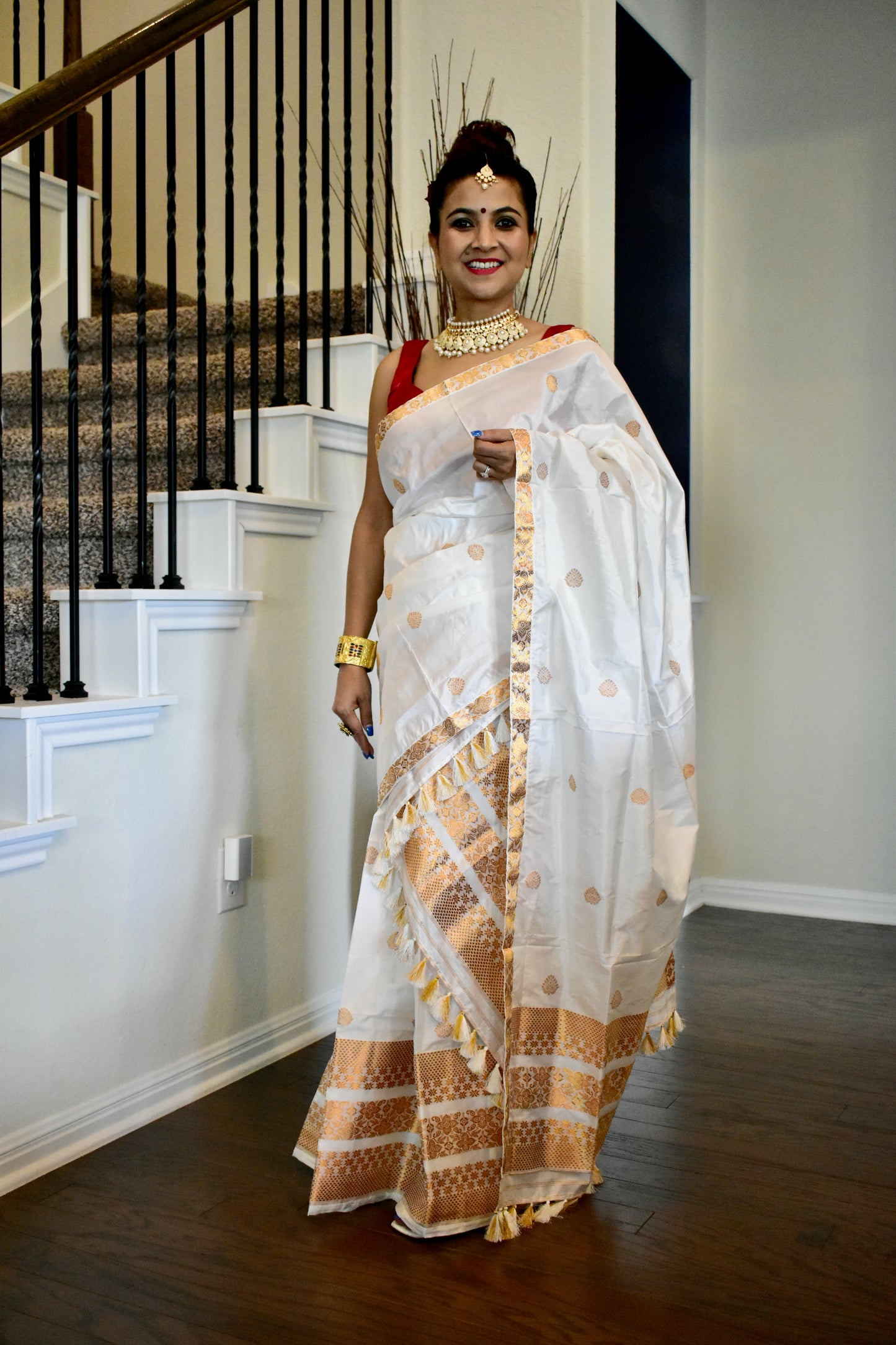 Handmade Assam Silk (Paat) White Mekhela Sador with Traditional Golden Motifs