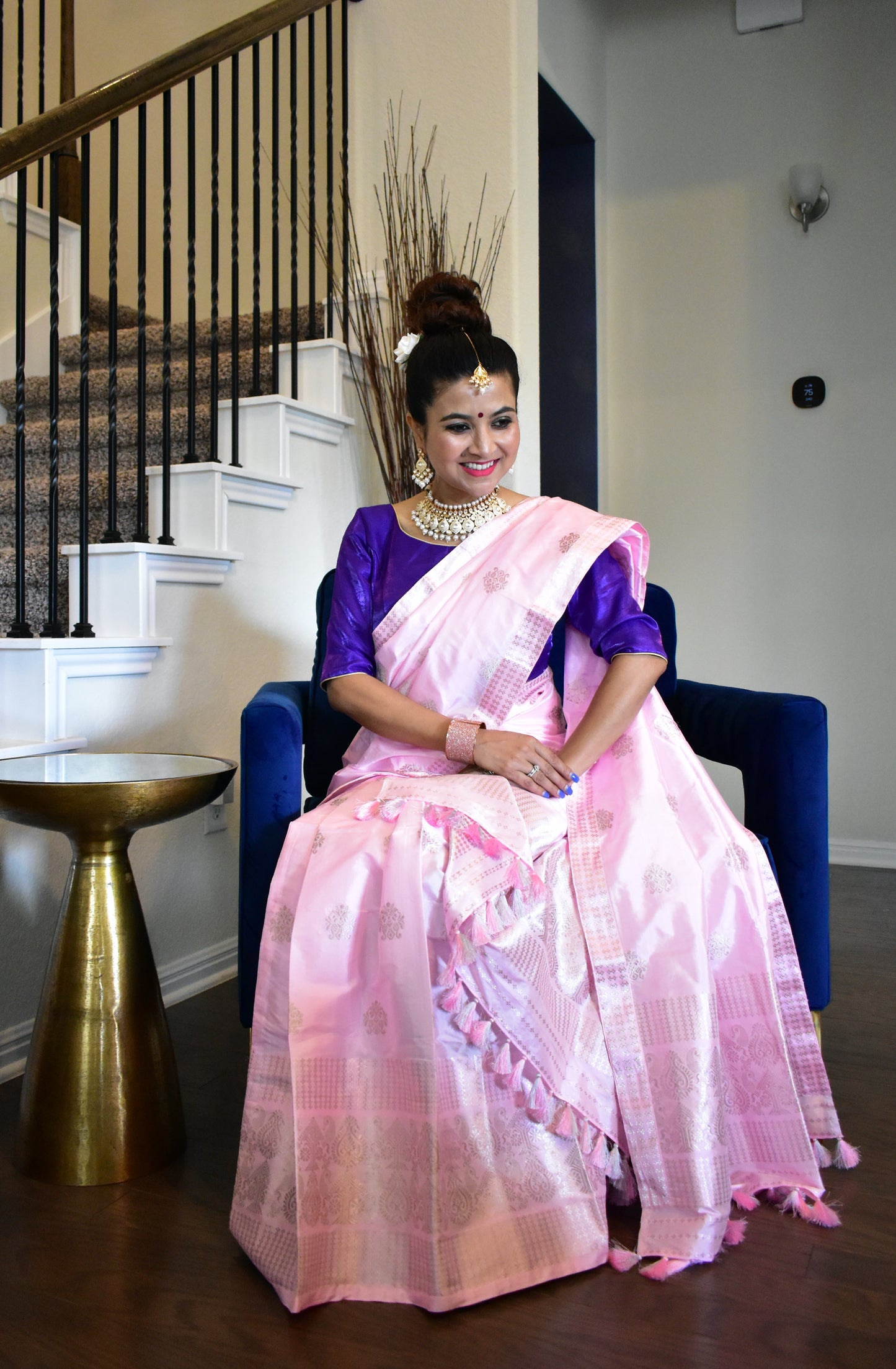 Handmade Assam Silk (Paat) Pink Mekhela Sador with Metallic Silver Motifs