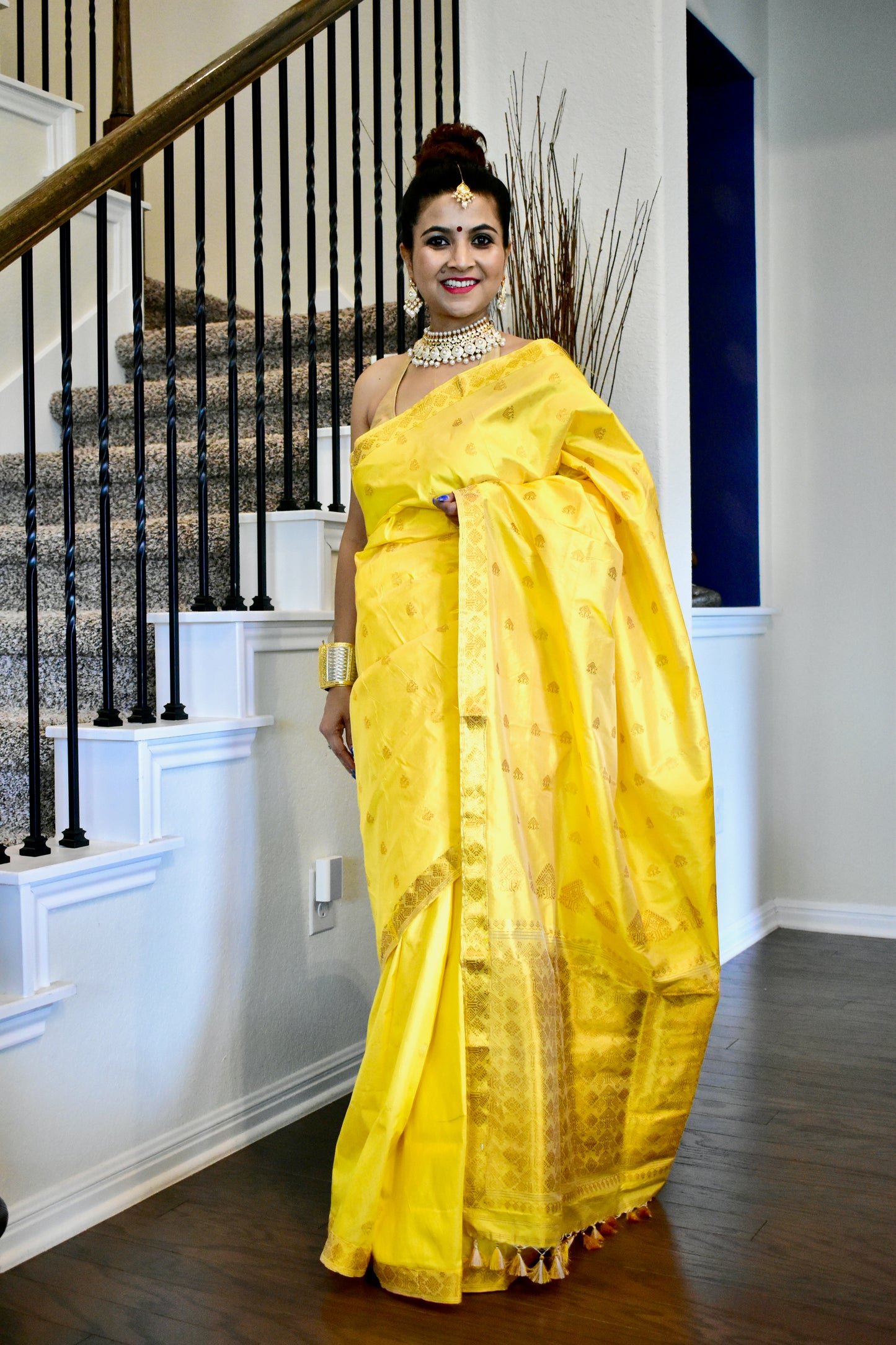Handmade Yellow Assam Silk (Paat) Saree with Golden Motifs