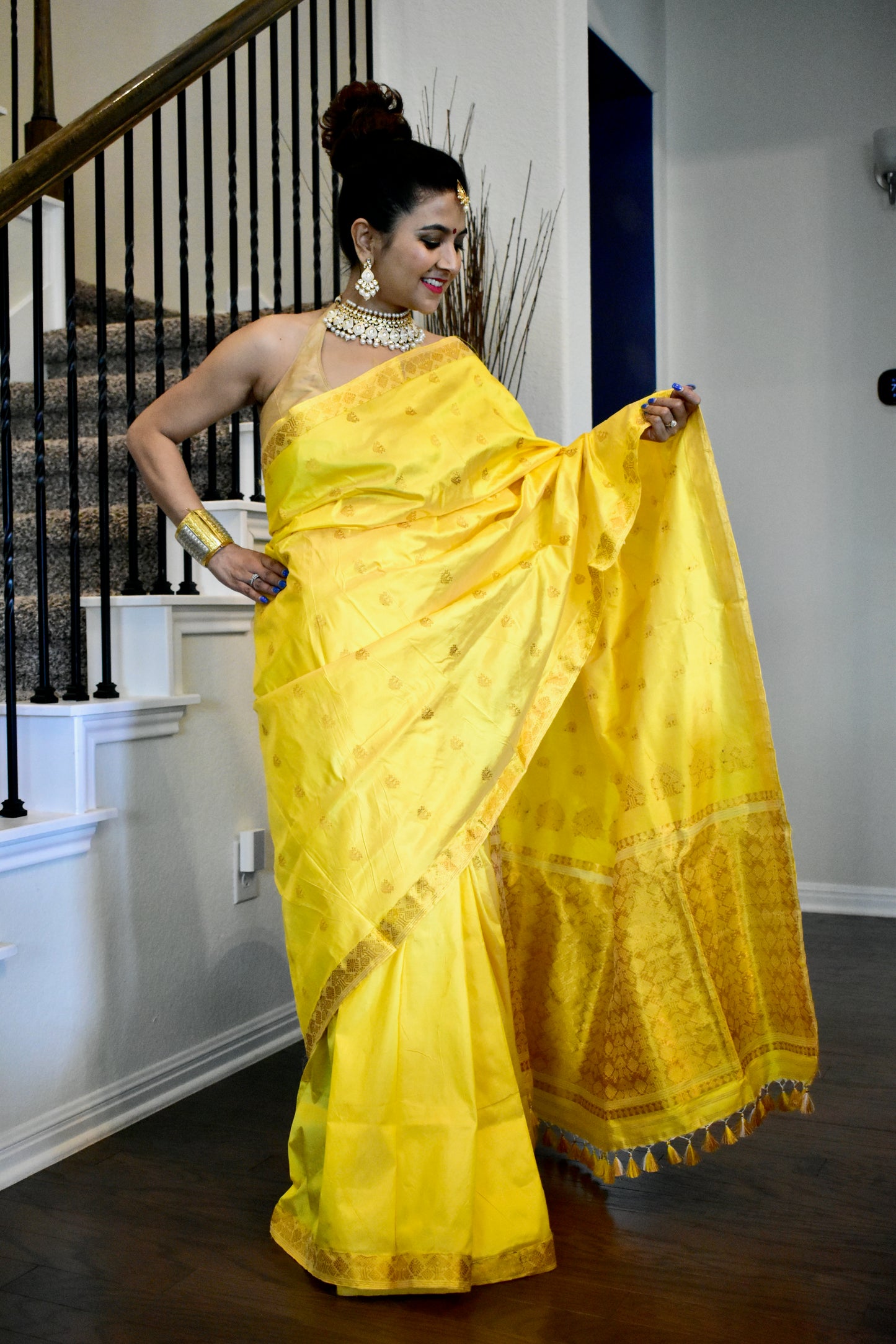Handmade Yellow Assam Silk (Paat) Saree with Golden Motifs