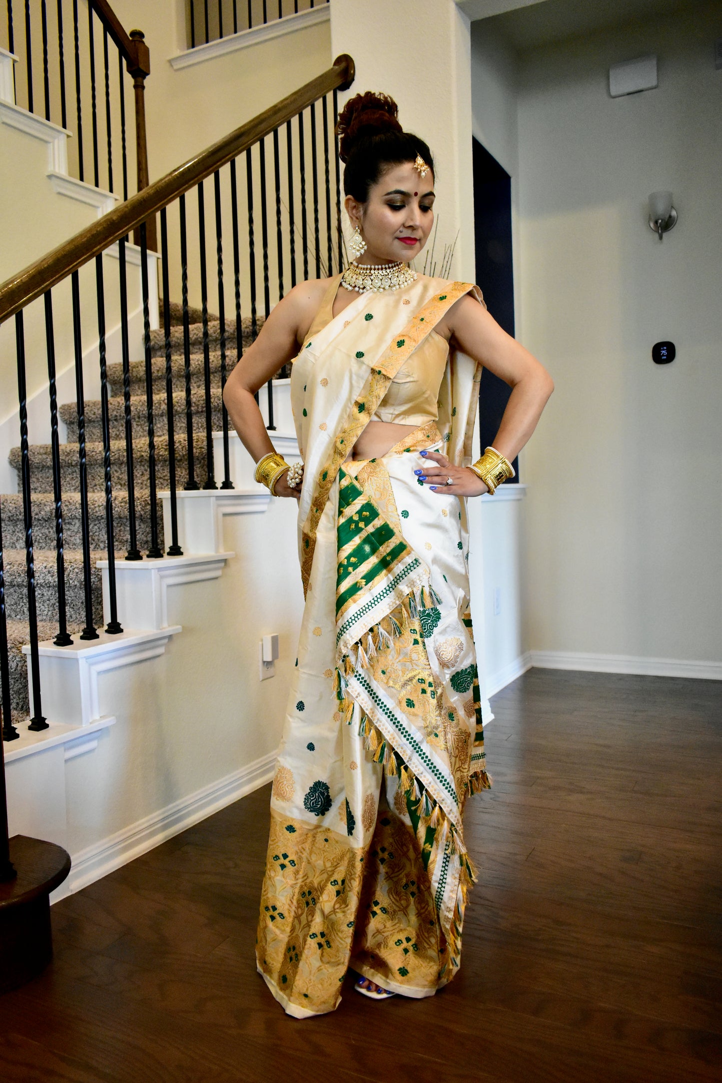 Handmade Assam Silk( Weft) & Tussar Silk(Warp) Mekhela Sador with Green & Golden Motifs