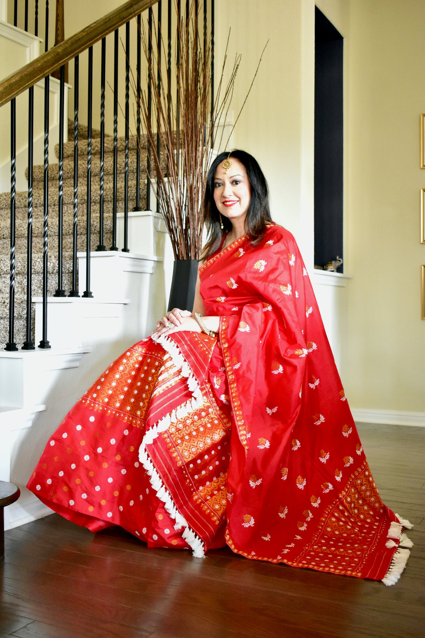 Handmade Assam Silk Red Mekhela Sador with Golden & White Motifs