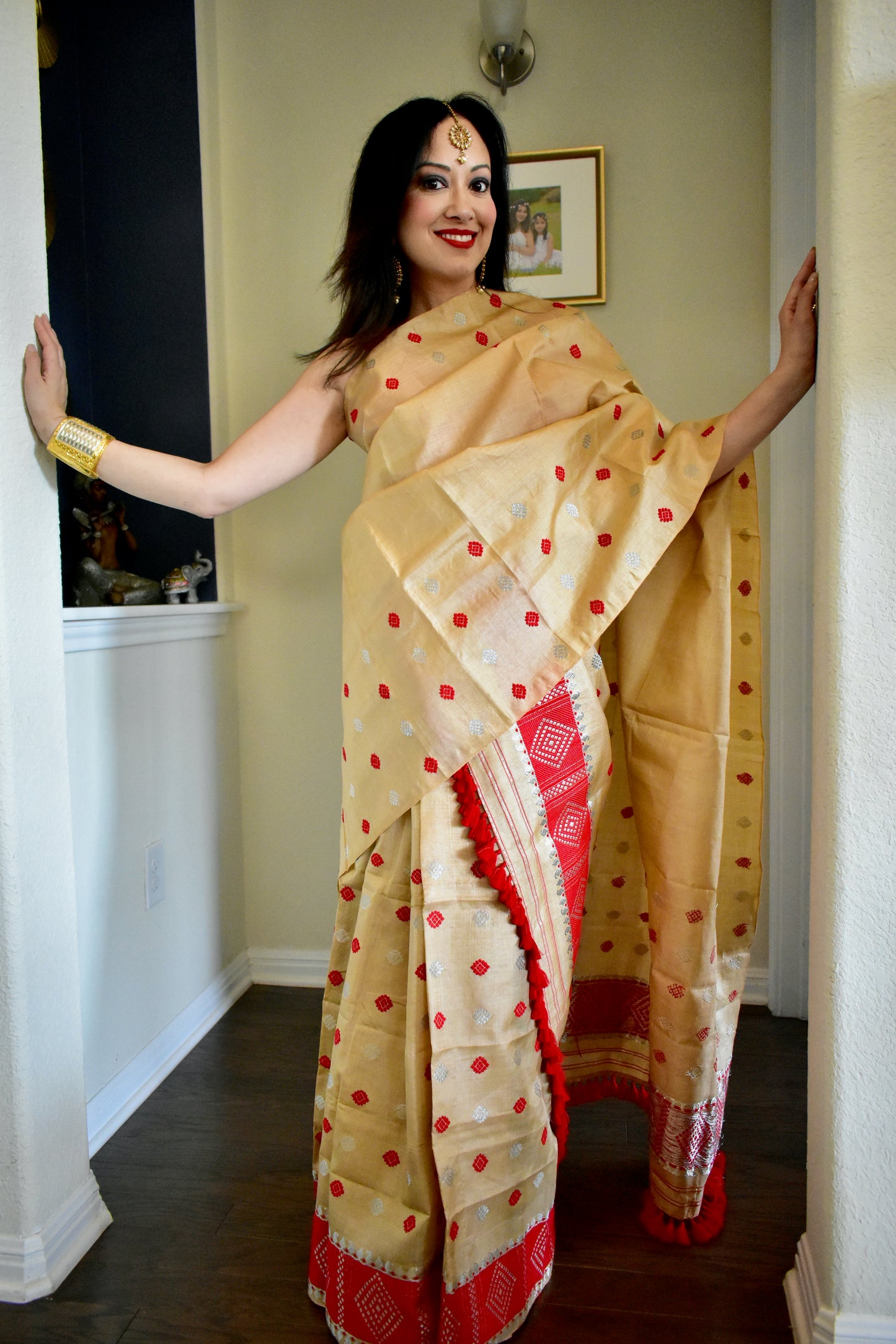 Handmade Assam Tussar Silk Mekhela Sador with Red & Silver Motif