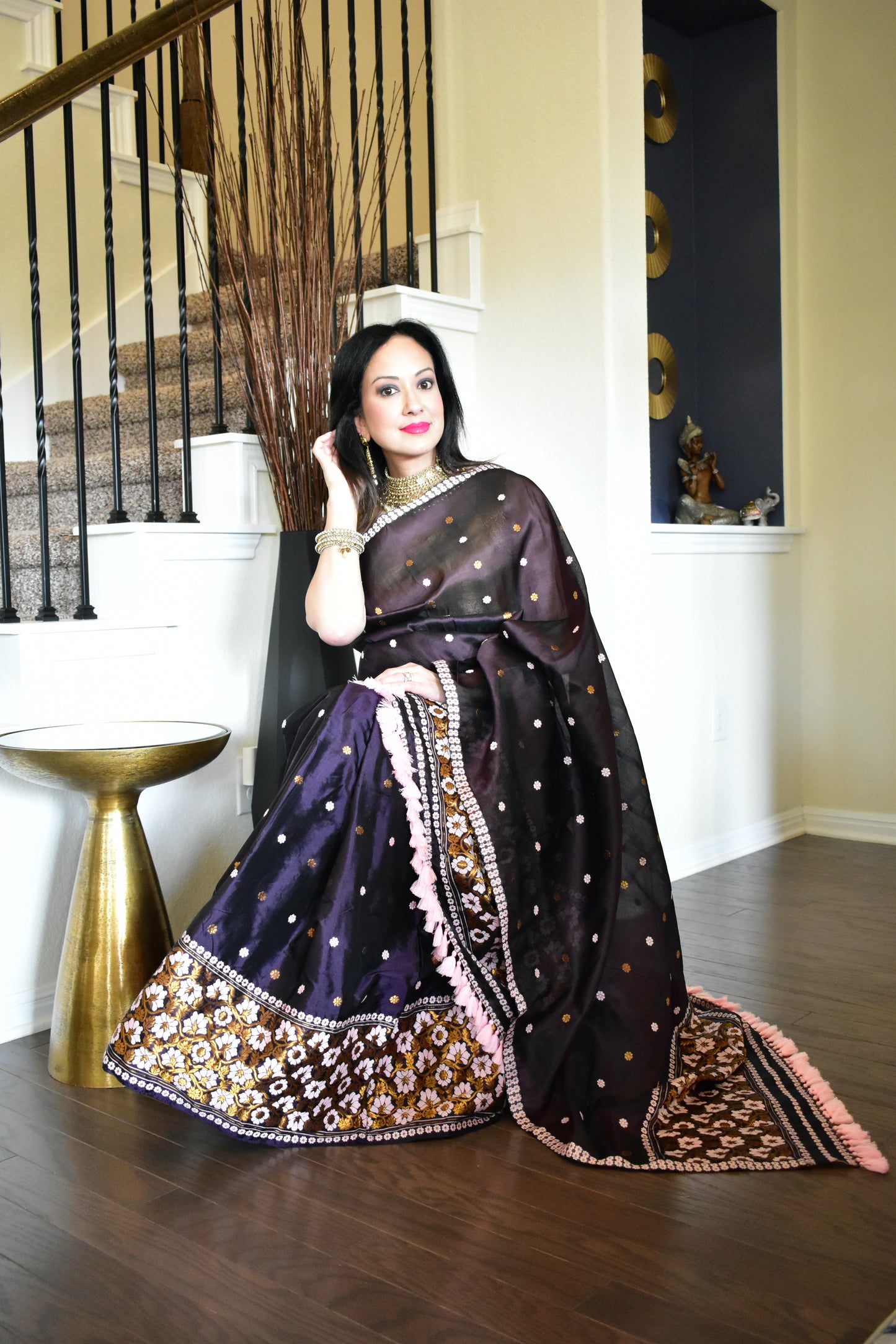 Handmade Blackish Purple Kesa Paat Sador with Assam Silk Mekhela
