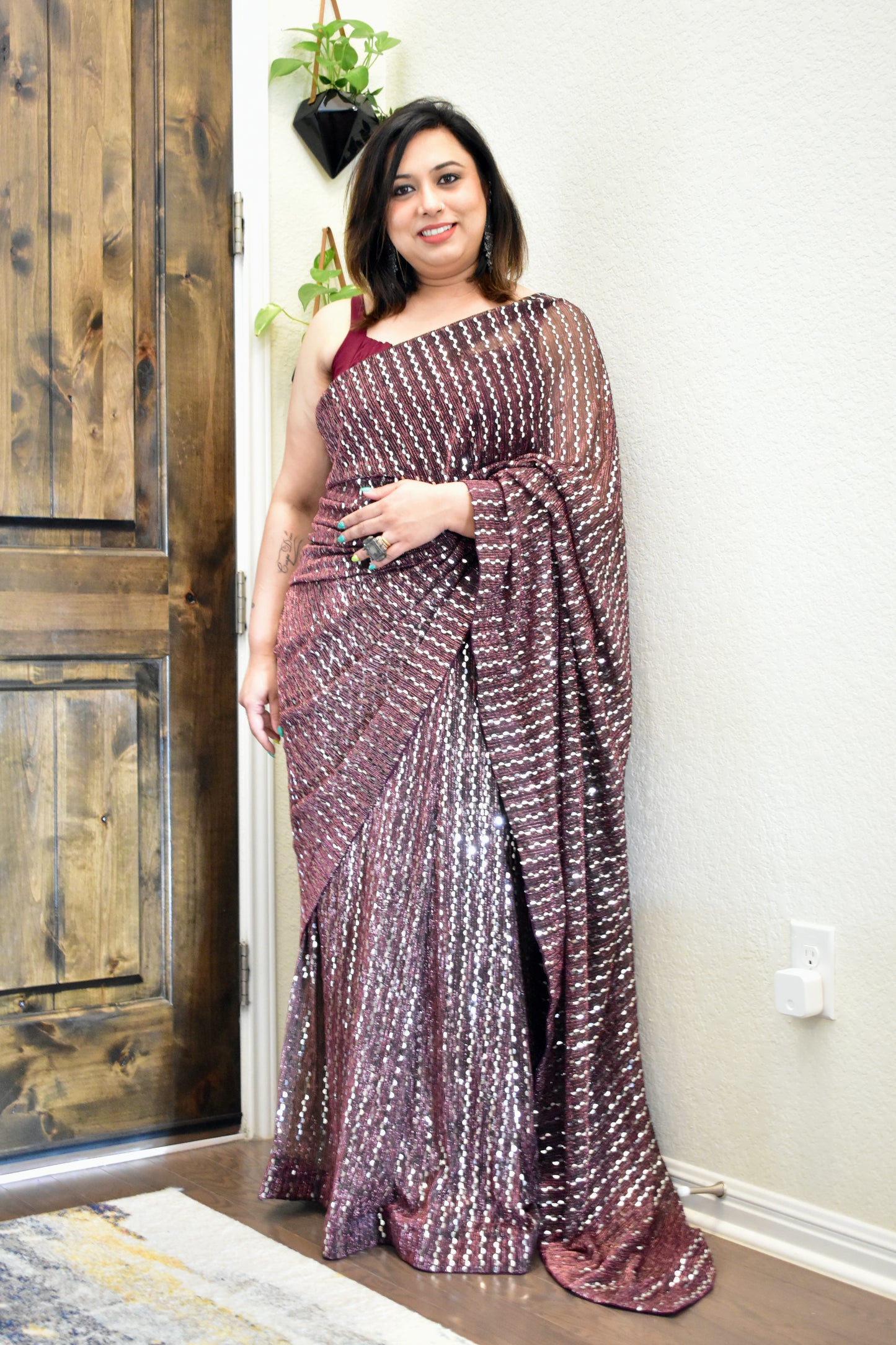 Wine Red Sequin Saree