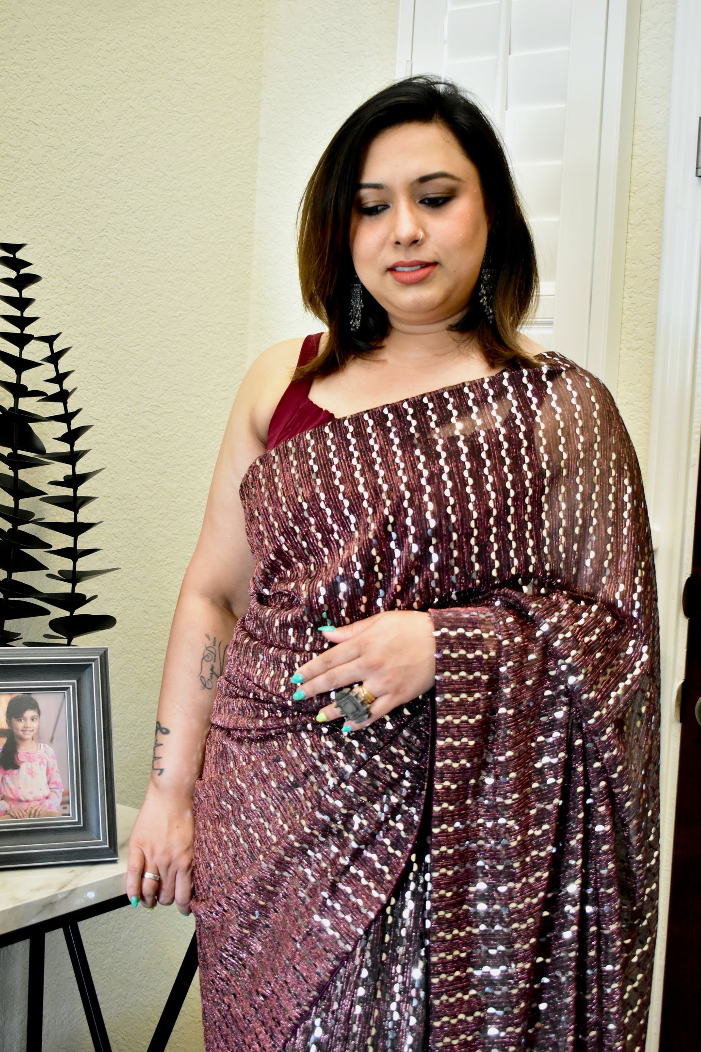 Wine Red Sequin Saree