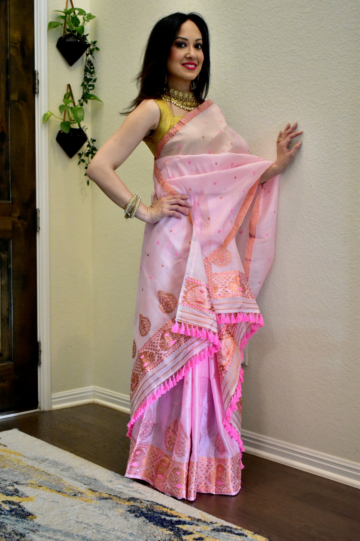Handmade Baby Pink Assam Raw Silk (Kesa Paat) Sador with Assam Silk Mekhela