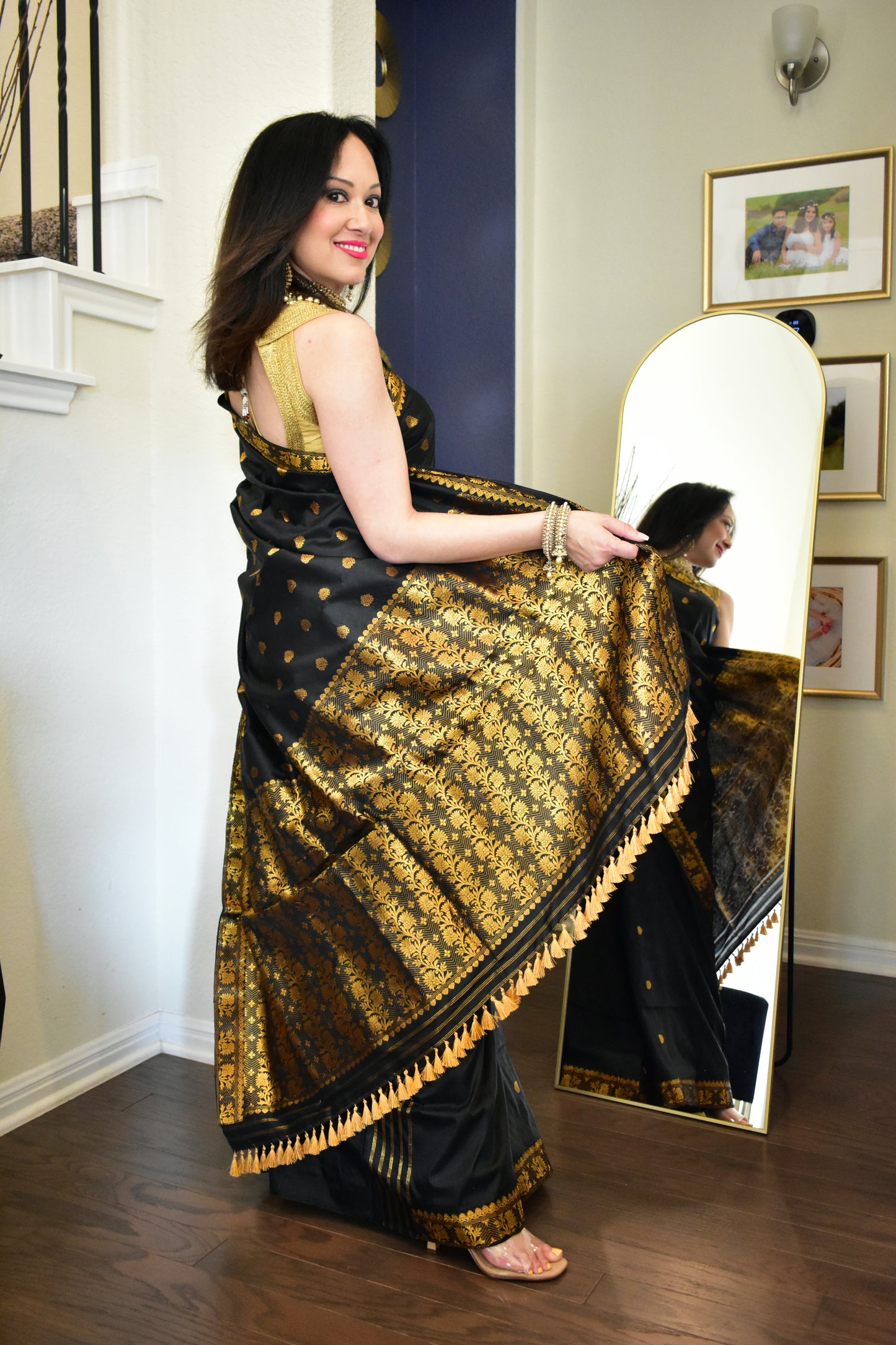 Handmade Black Assam Silk Saree with Golden Motifs