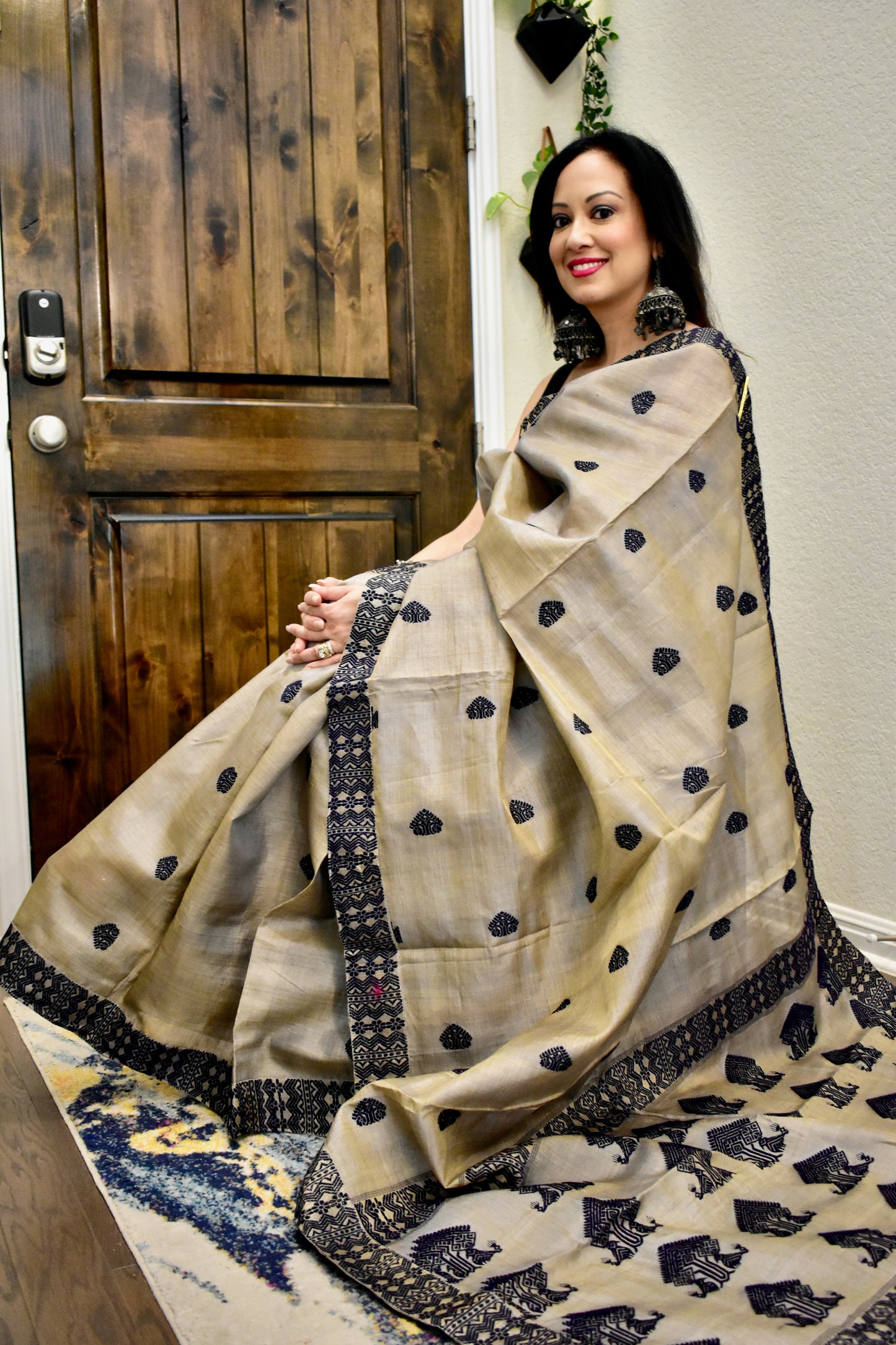 Handmade Assam Tussar Silk Saree with Navy Blue Motifs