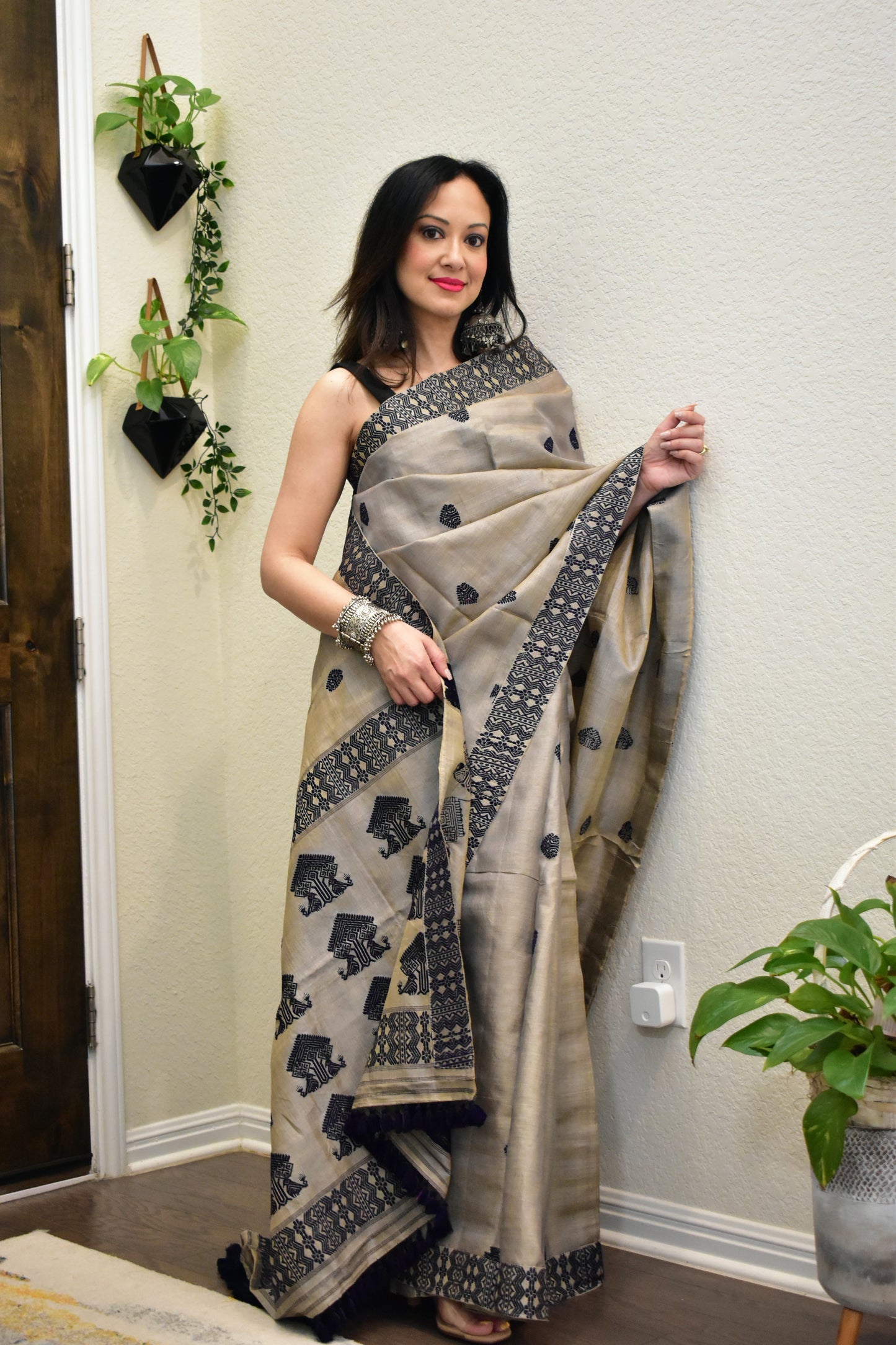 Handmade Assam Tussar Silk Saree with Navy Blue Motifs