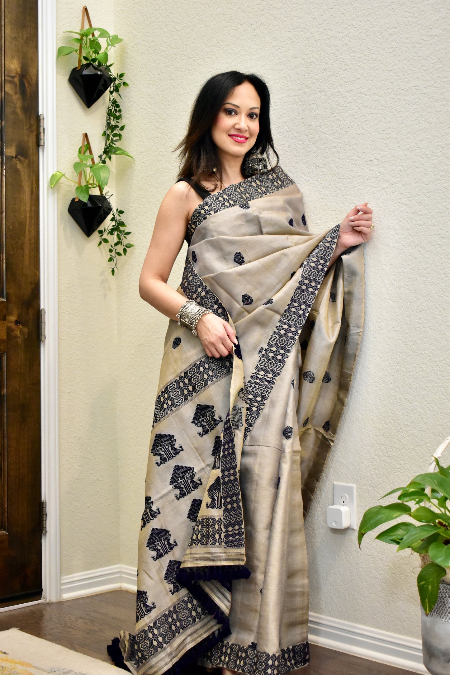 Handmade Assam Tussar Silk Saree with Navy Blue Motifs