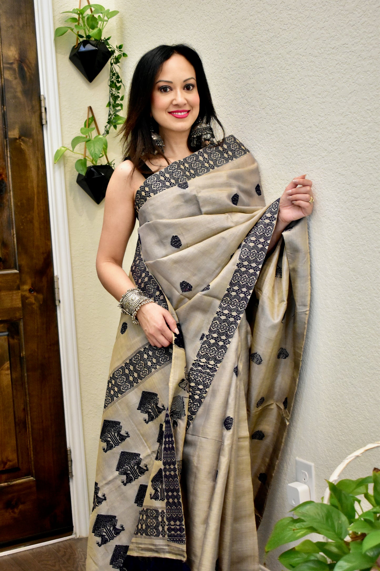 Handmade Assam Tussar Silk Saree with Navy Blue Motifs