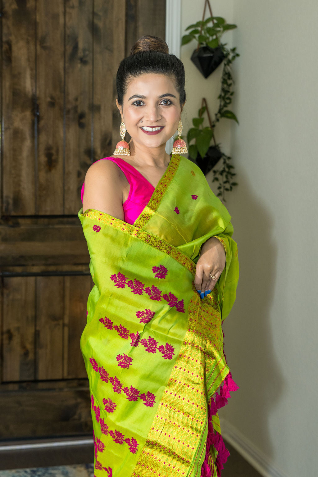 Handmade Parrot green Assam Raw Silk Sador(kesa paat) with Assam Silk Mekhela