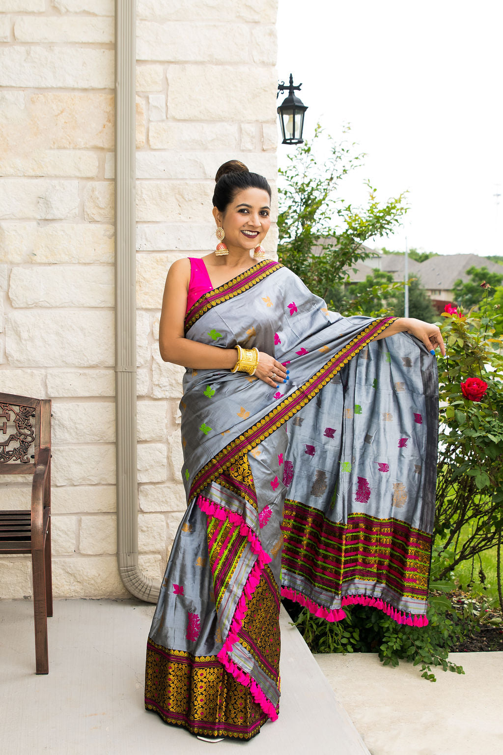 Handmade Assam Silk Gray Mekhela Sador with Golden Motifs