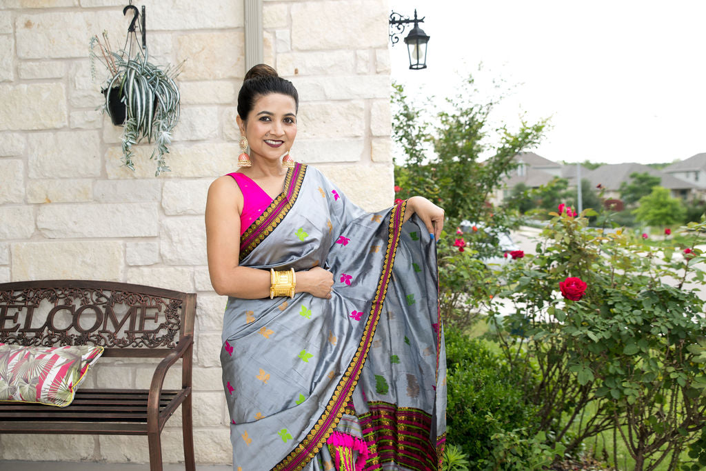 Handmade Assam Silk Gray Mekhela Sador with Golden Motifs