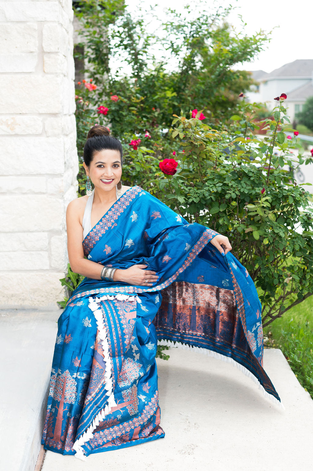 Handmade Assam Silk peacock blue tree design Mekhela Sador