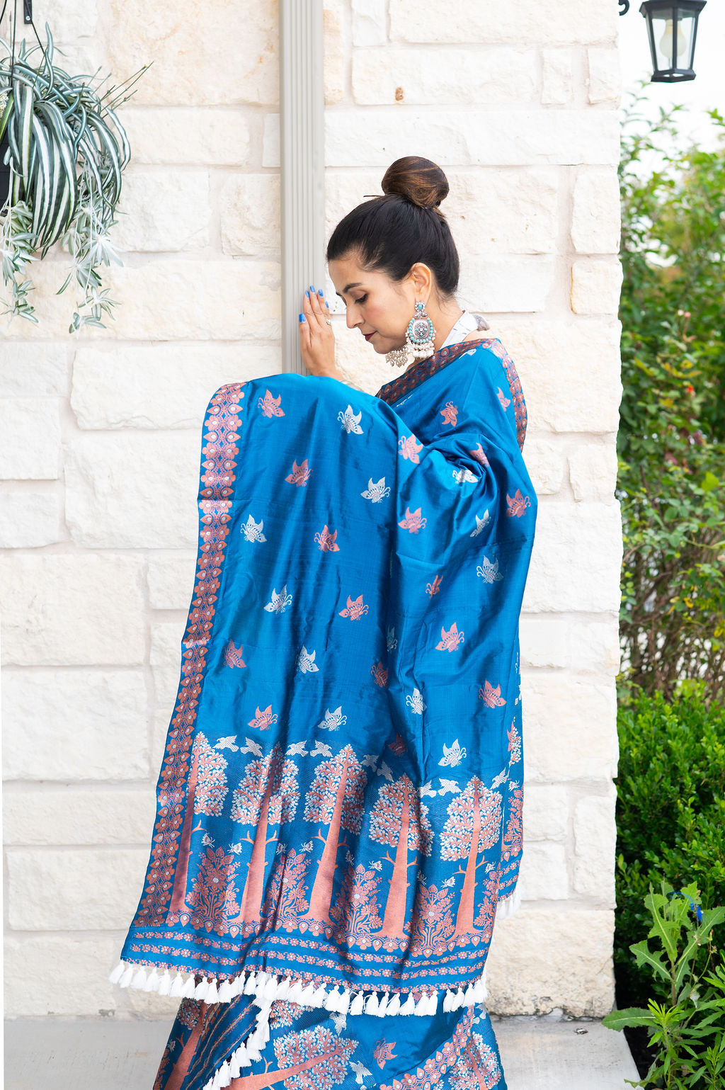 Handmade Assam Silk peacock blue tree design Mekhela Sador