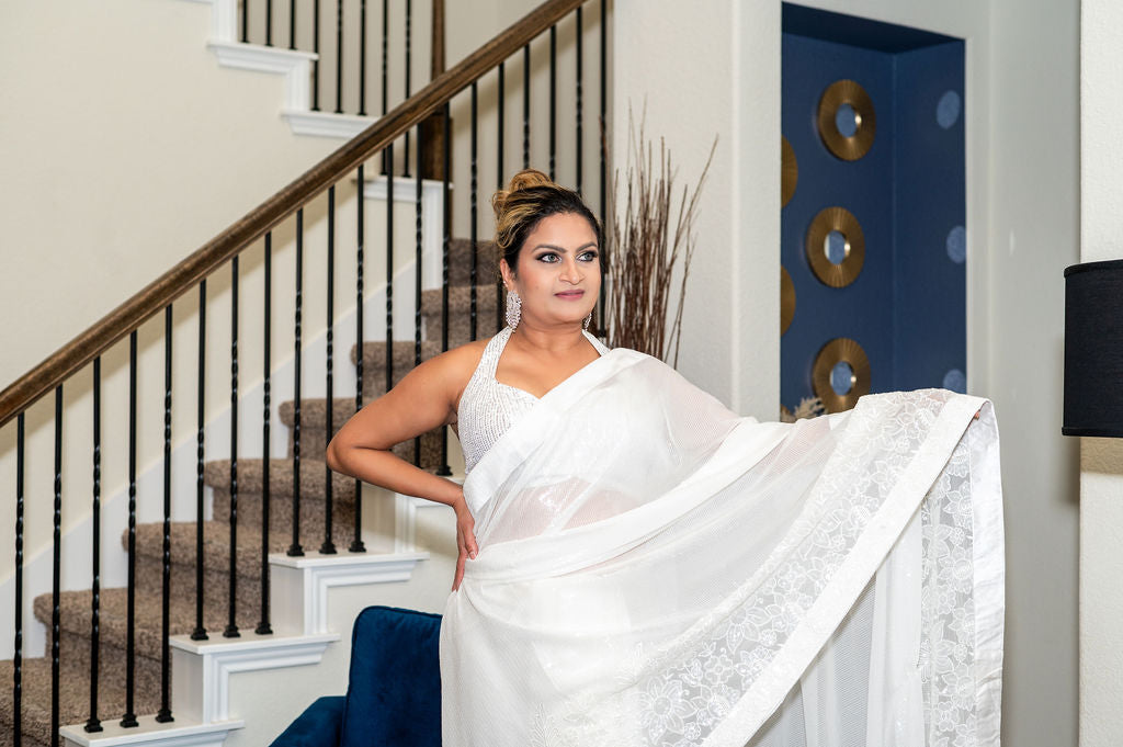 Gorgeous White Sequin Georgette Saree with embroidary