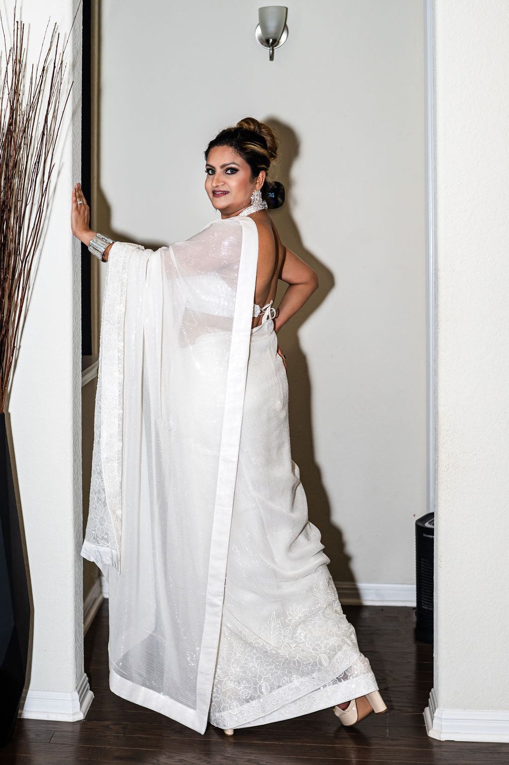 Gorgeous White Sequin Georgette Saree with embroidary
