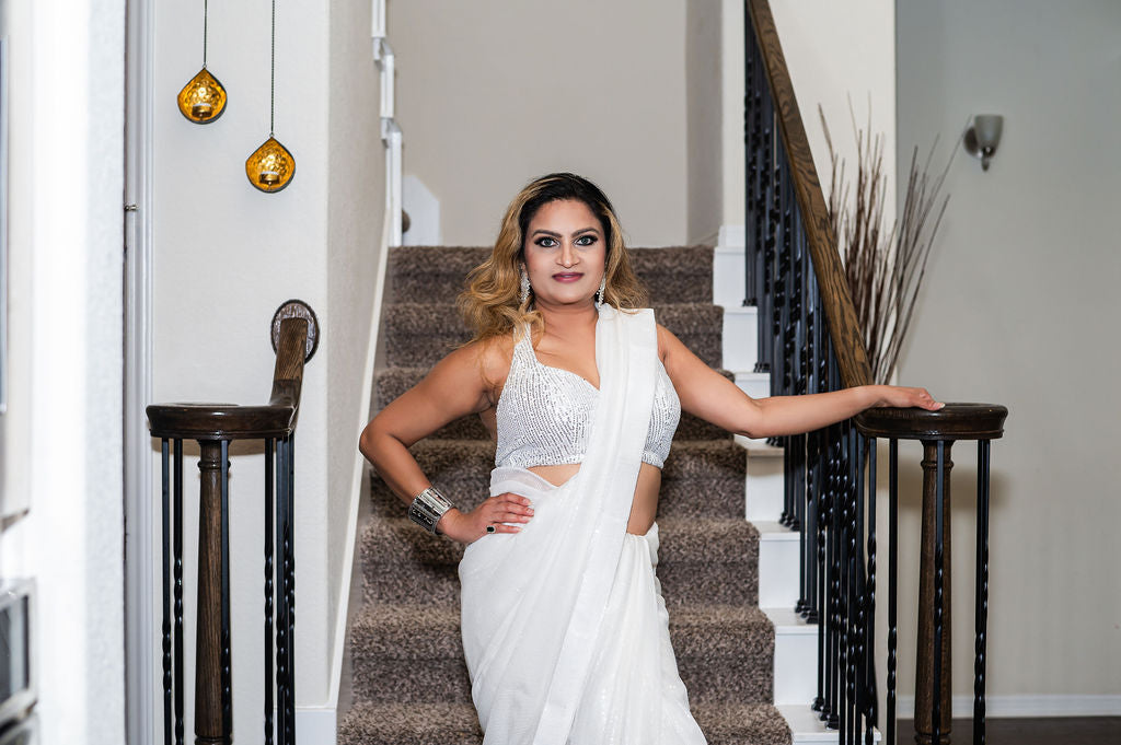 Plain White sequins Georgette Saree