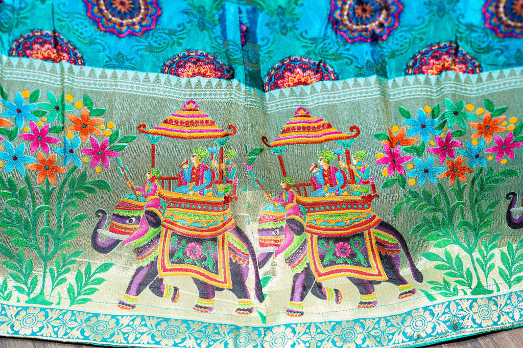 Sea green lehenga Skirt with Elephant Design