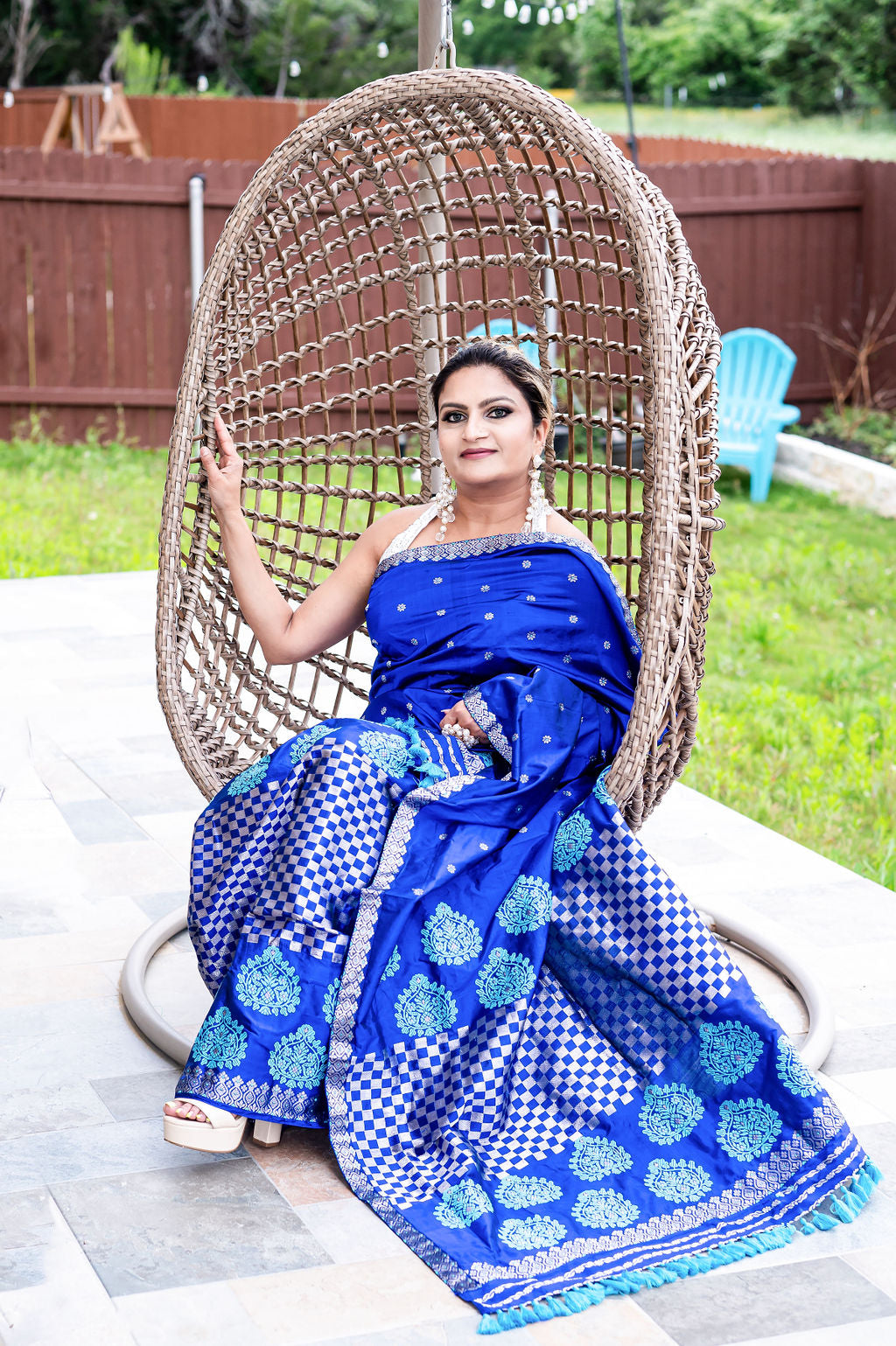 Handmade Assam Silk (Paat) Blue Mekhela Sador with Turquoise & Silver Motifs