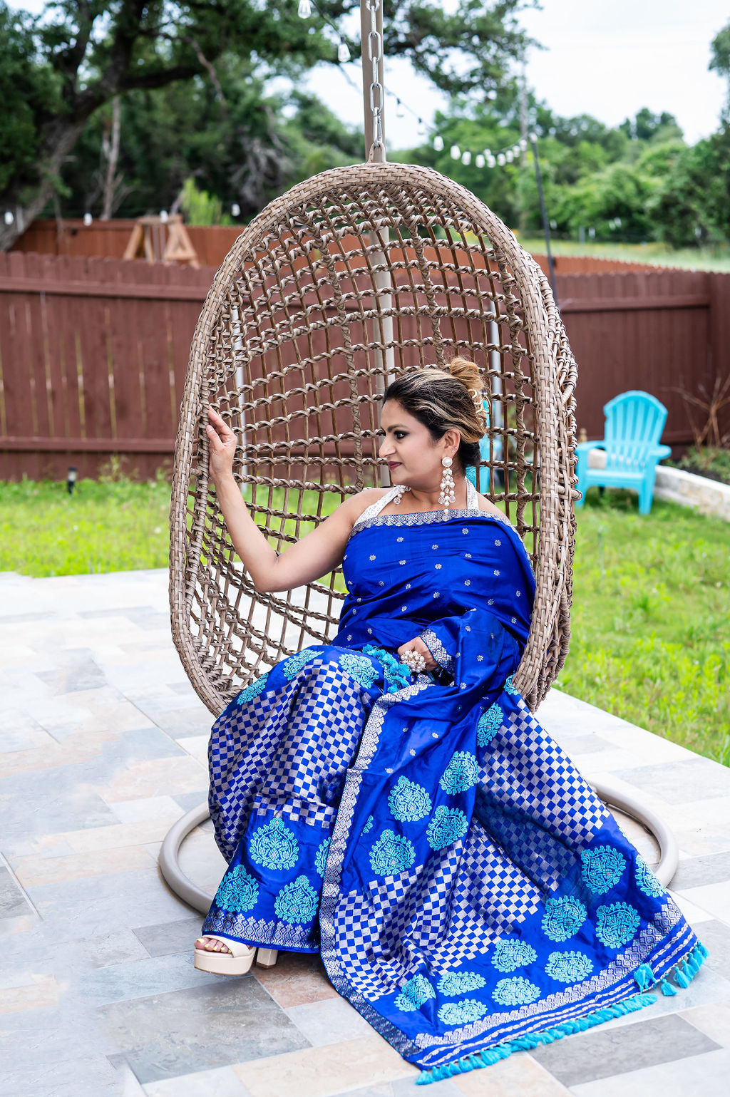 Handmade Assam Silk (Paat) Blue Mekhela Sador with Turquoise & Silver Motifs