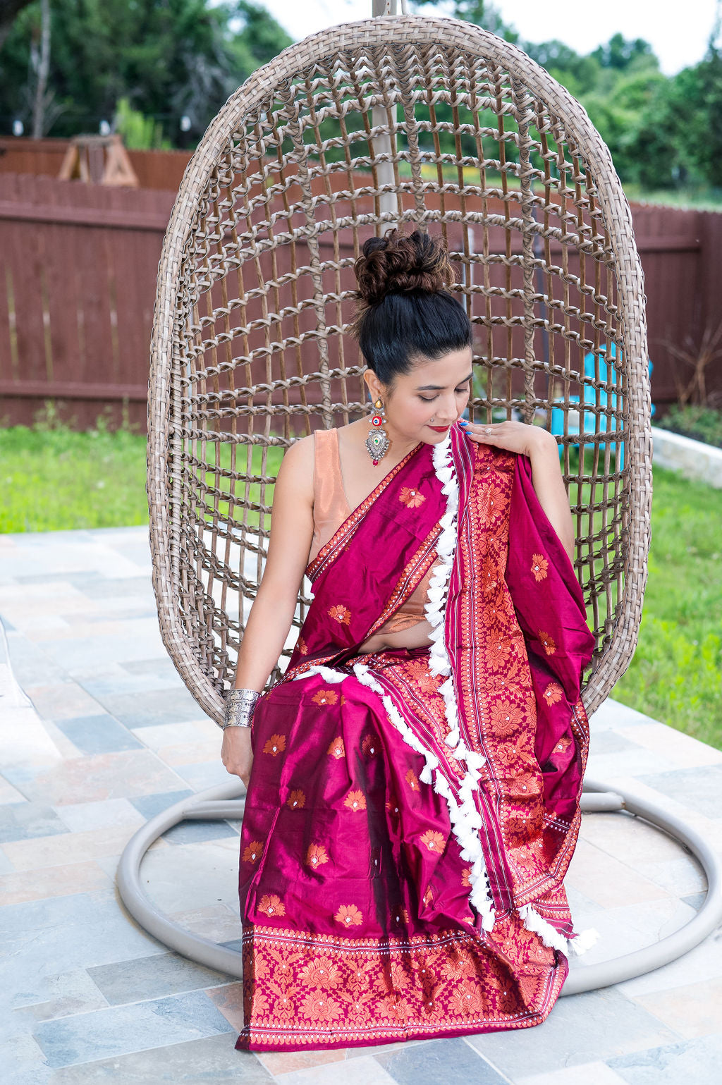 Handmade Wine Red/Maroon Assam Silk Mekhela Sador with Metallic Copper Motif