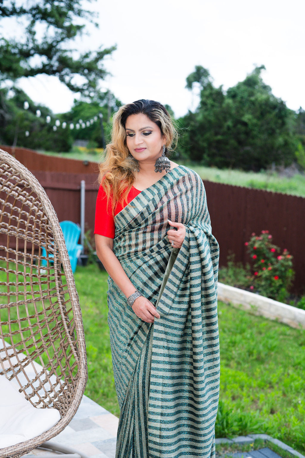 Handpicked Bottle Green and Light Green Stripe Saree