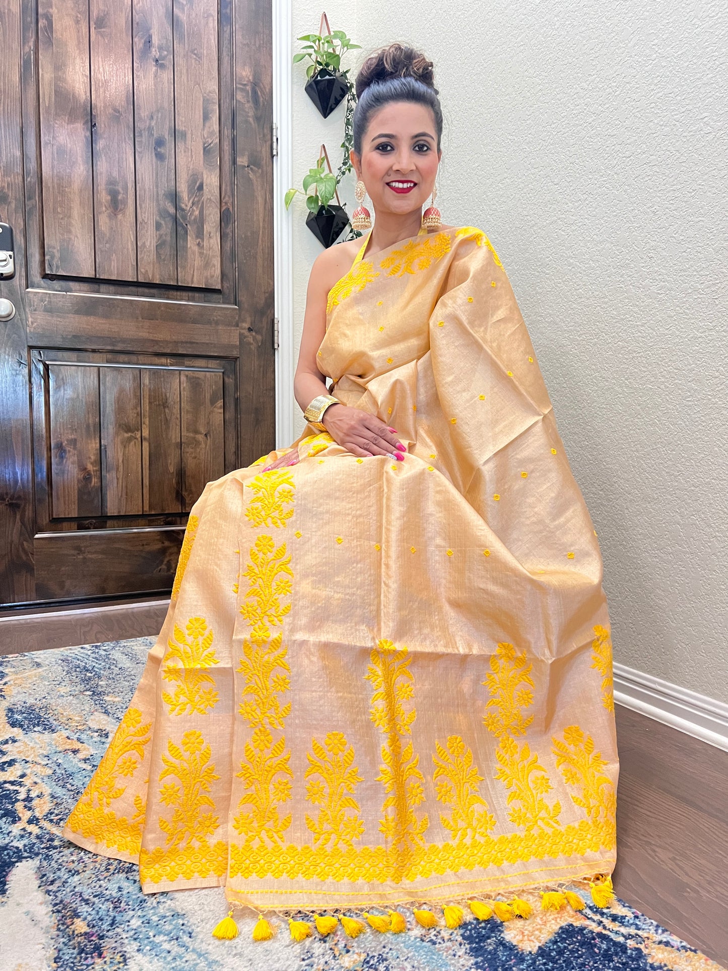 Assam Tussar Silk Mekhela Sador with Yellow Leaf Motifs