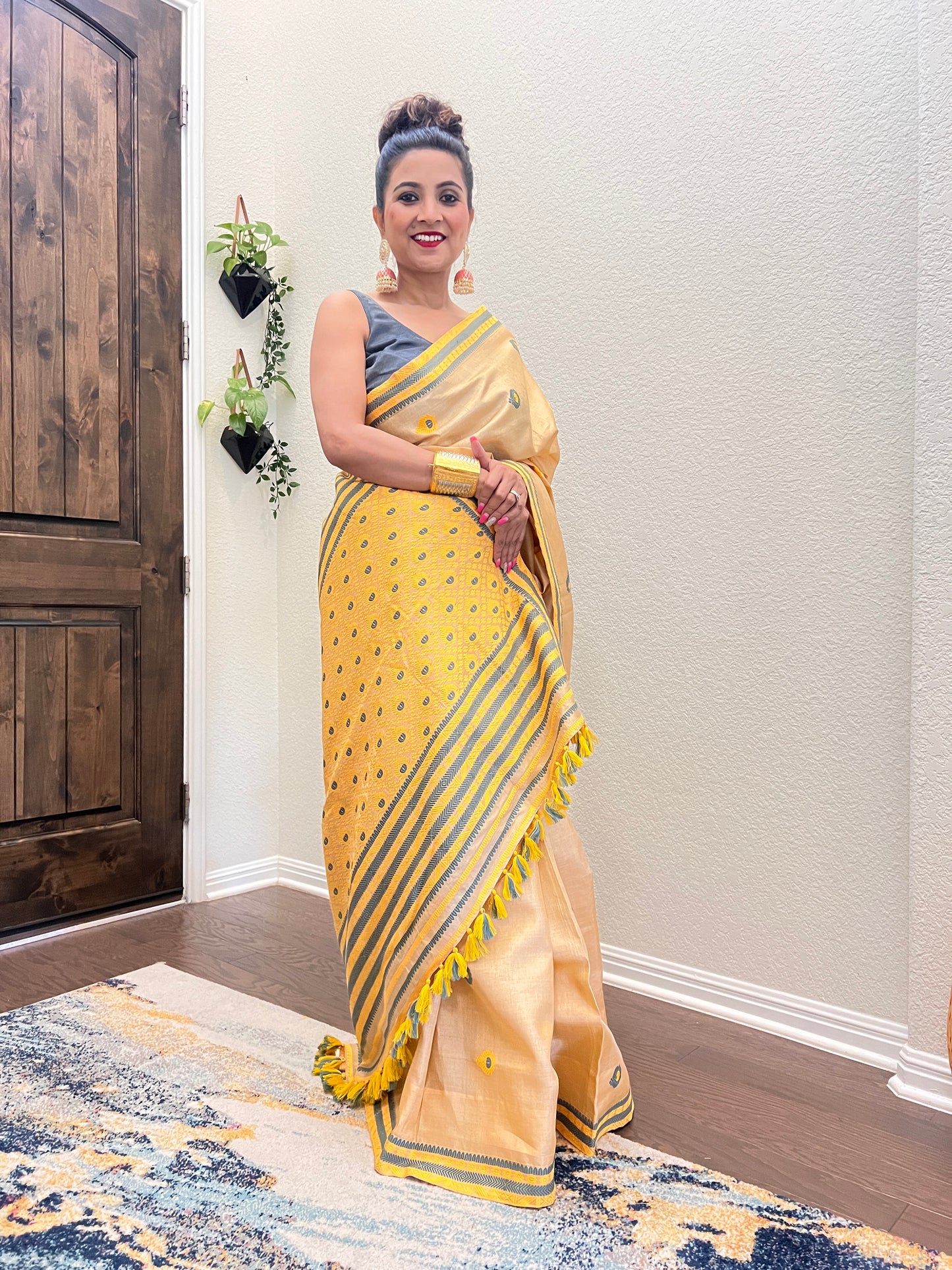 Handmade Assam Tussar Silk Saree with Grey and Yellow work