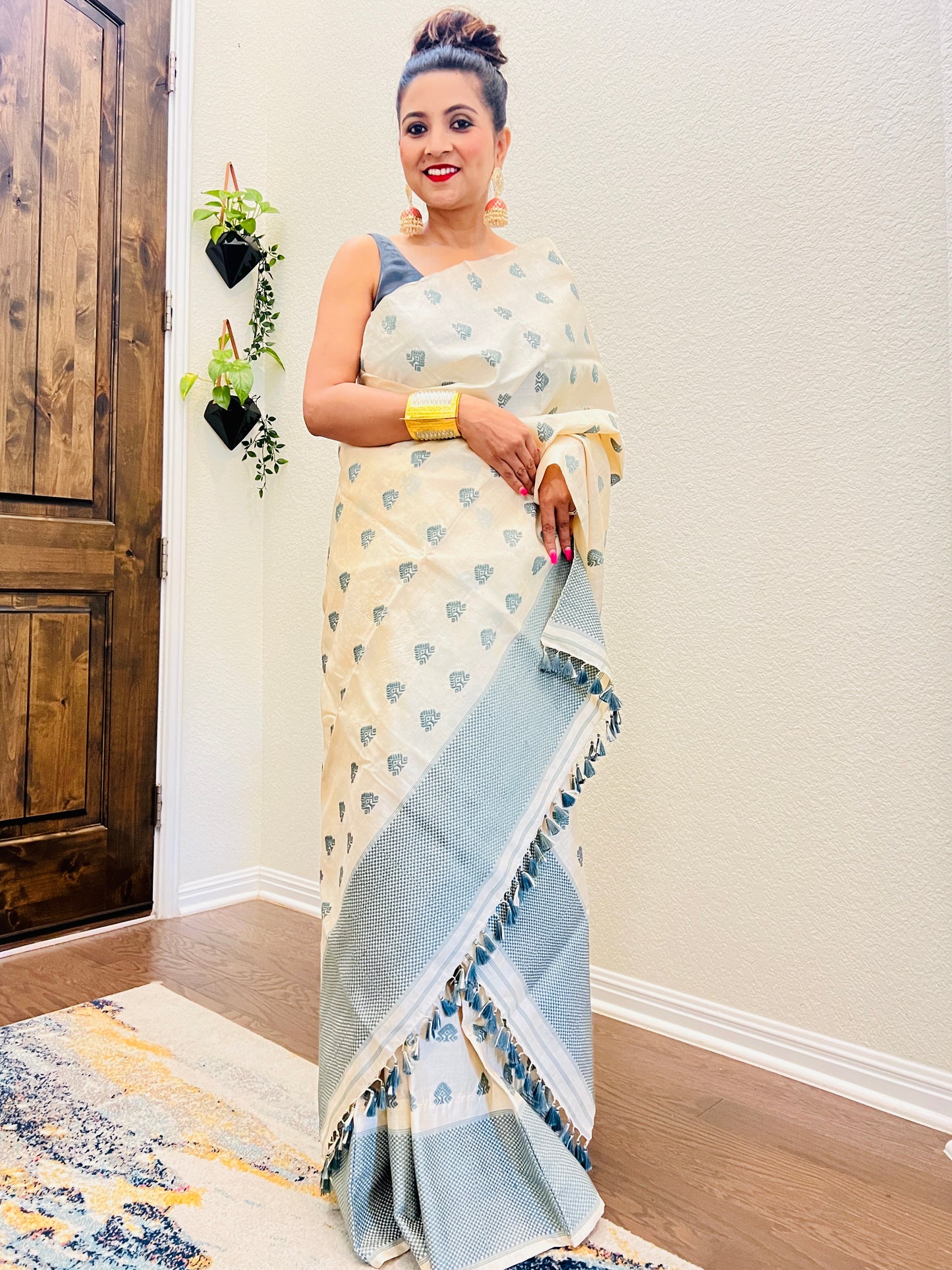 Handmade White Dyed Tussar Silk Mekhela Sador with Grey work