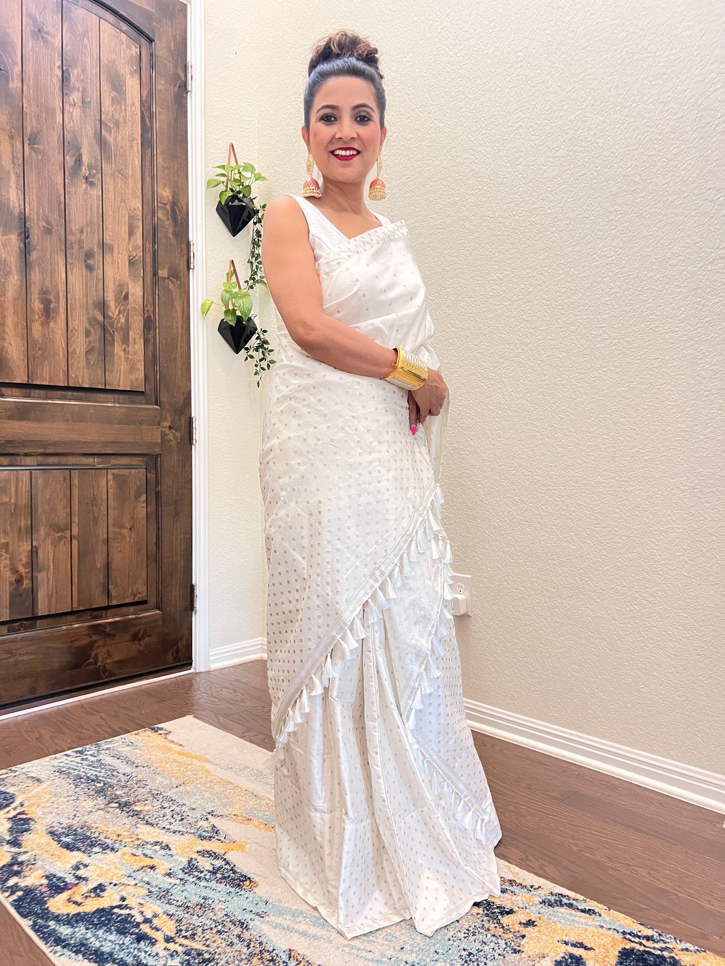 Handmade Assam Paat Silk White Mekhela Sador with Small Silver Motifs