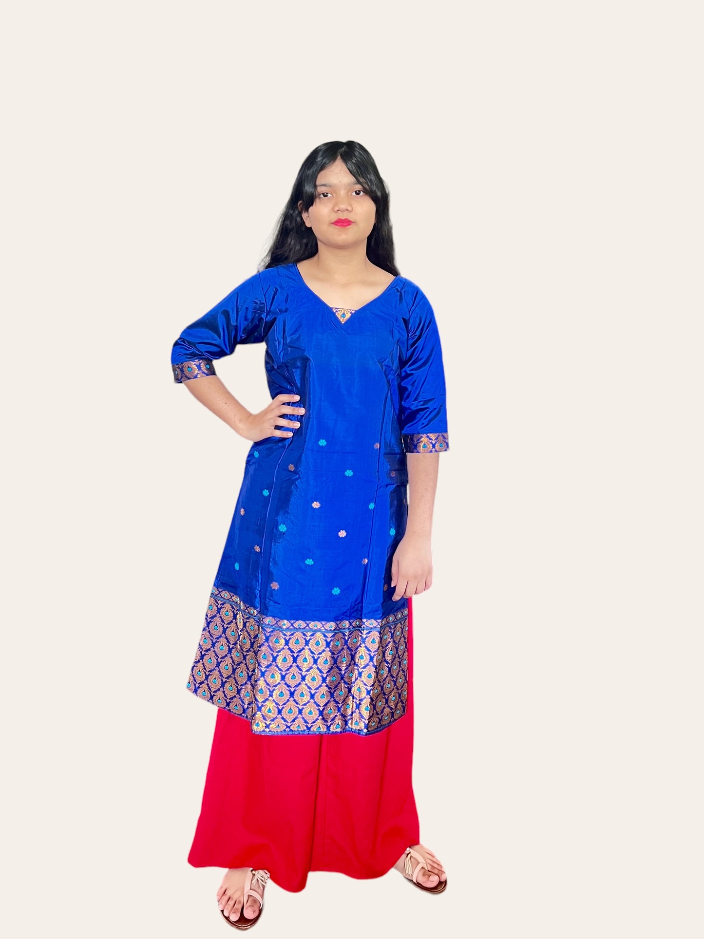 Assam Silk Royal Blue Kurti with Gold and turquoise Motifs
