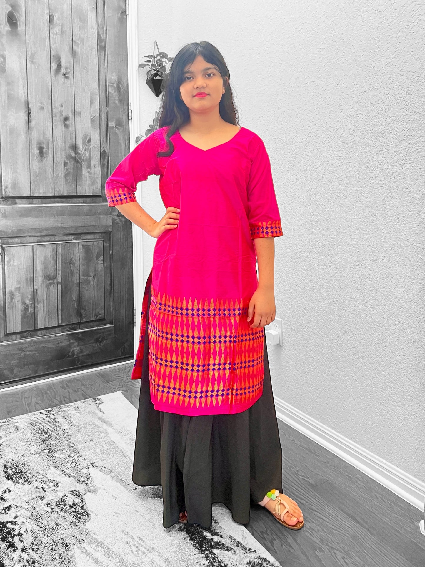 Assam Silk (Paat) Hot Pink Kurti with Gold & Blue Motifs