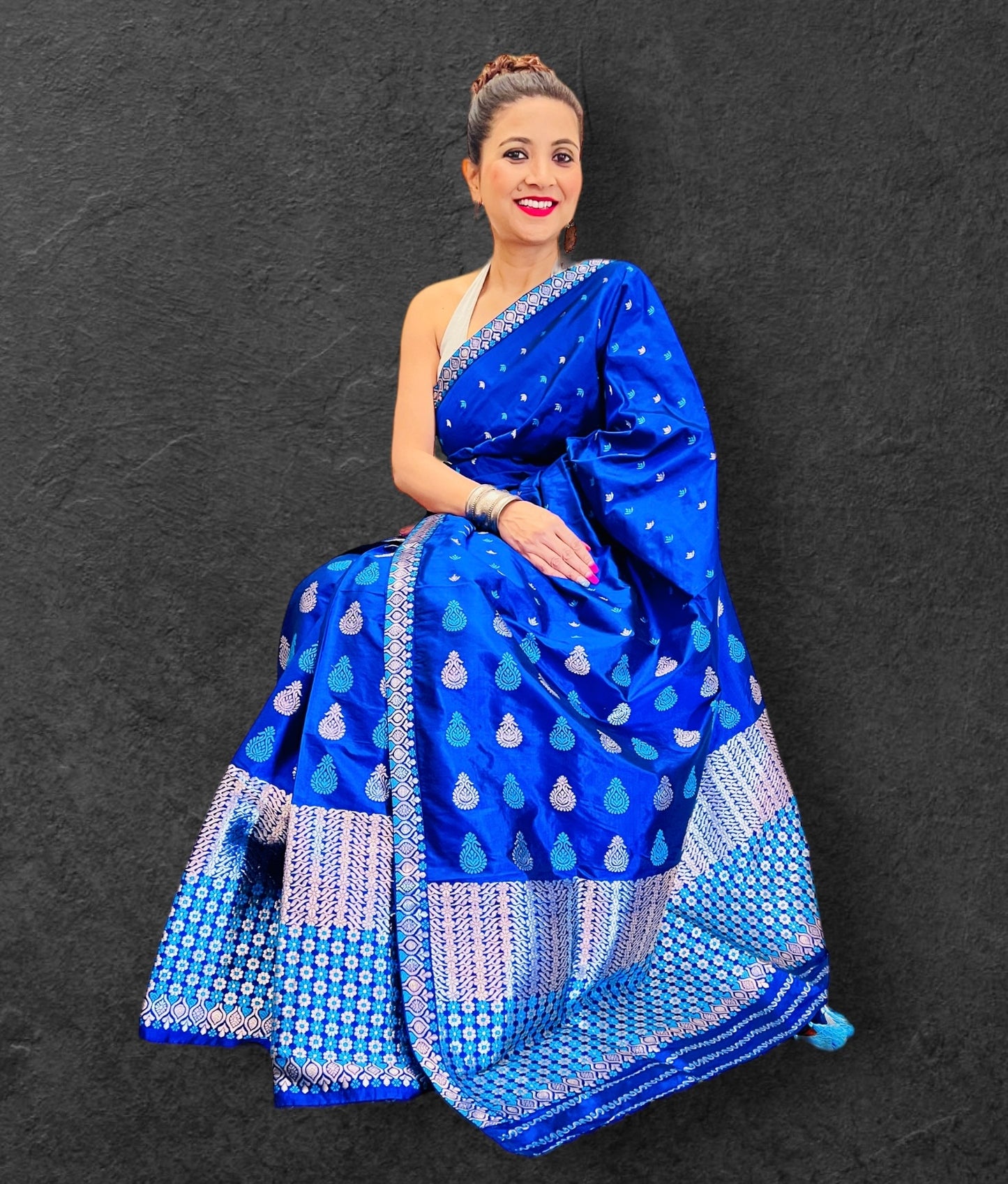 Handmade Blue Paat Silk Mekhela Sador with Silver Work
