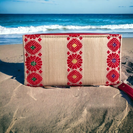 Assam Tussar (Tush) Silk Clutch Purse with Red Motifs