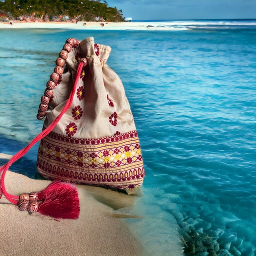 Assam Tussar (Tush) Silk Potli Bag with Wine Red & Gold Motif