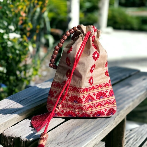 Assam Tussar (Tush) Silk Potli Bag with Red & Gold Motif