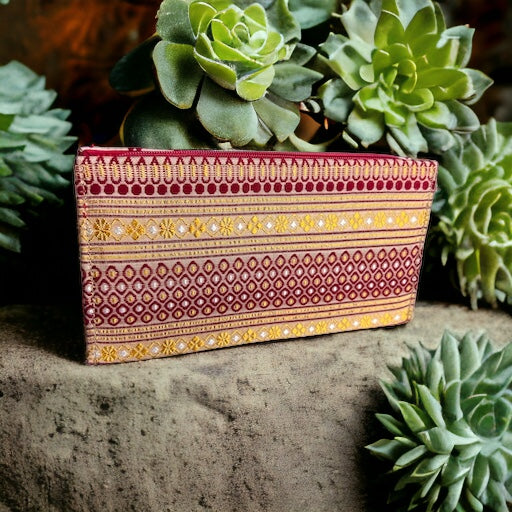 Assam Tussar (Tush) Silk Clutch Purse with Wine Red & Gold Motif