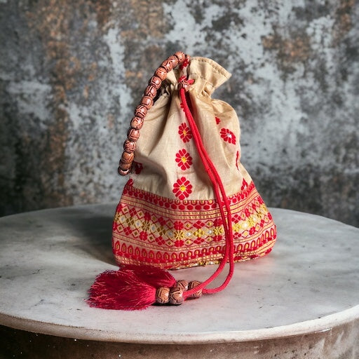 Assam Tussar (Tush) Silk Potli Bag with Red & Gold Motifs