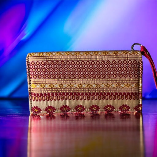 Assam Tussar Tush Silk Clutch Purse with Wine Red Gold Motifs Kithara Fashion